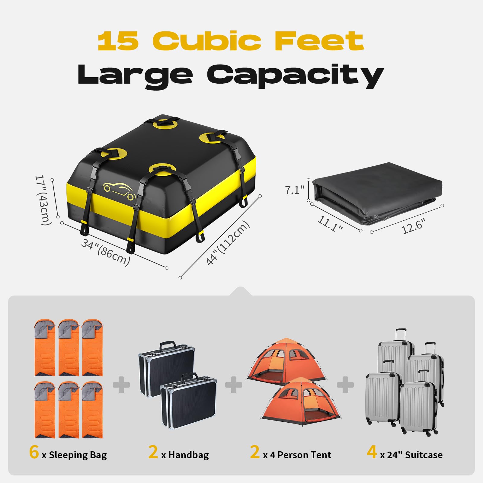 15 Cubic Feet Waterproof Rooftop Car Cargo Carrier Bag - Universal Fit for All Vehicles with/Without Rack | Includes Anti-Slip Mat & 6 Door Hooks | Perfect for Road Trips, Camping & Outdoor Adventures