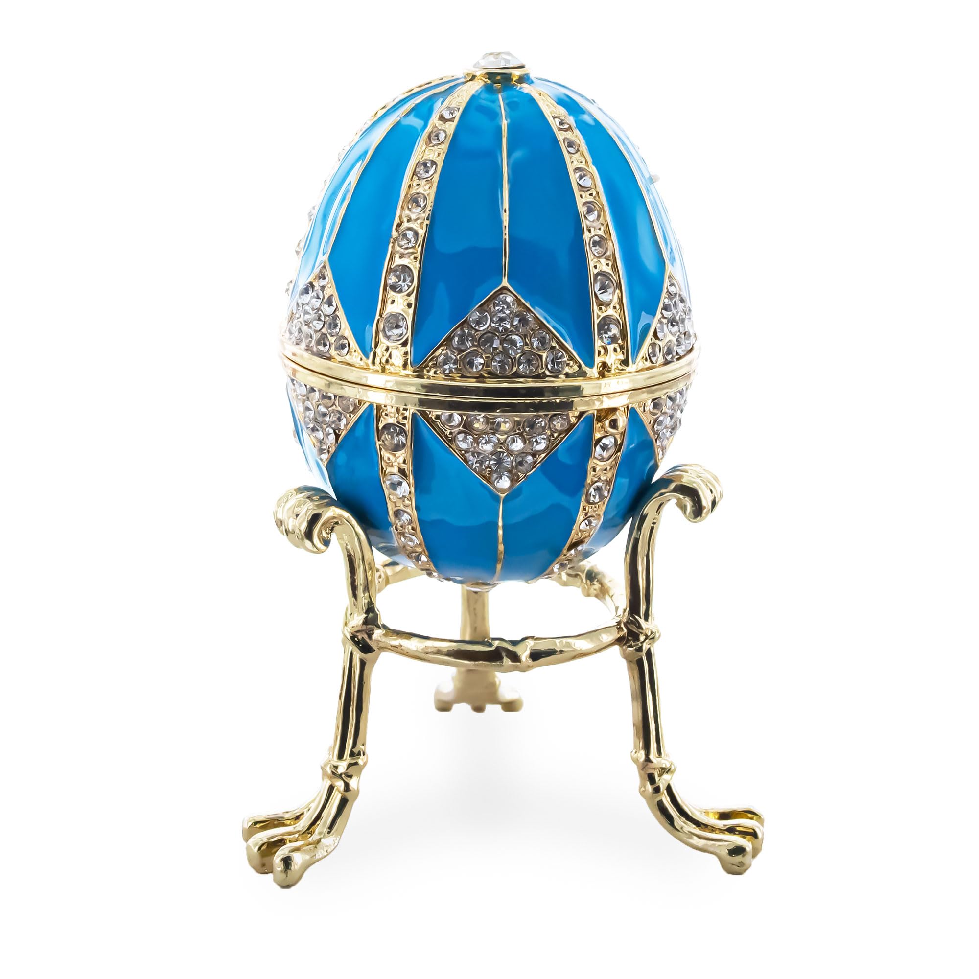 BestPysanky Crystal Rhombus Blue Enamel Royal Inspired Metal Easter Egg - 3.15 Inch Ukrainian Decor for Easter Celebrations, Home Display & Gift Giving