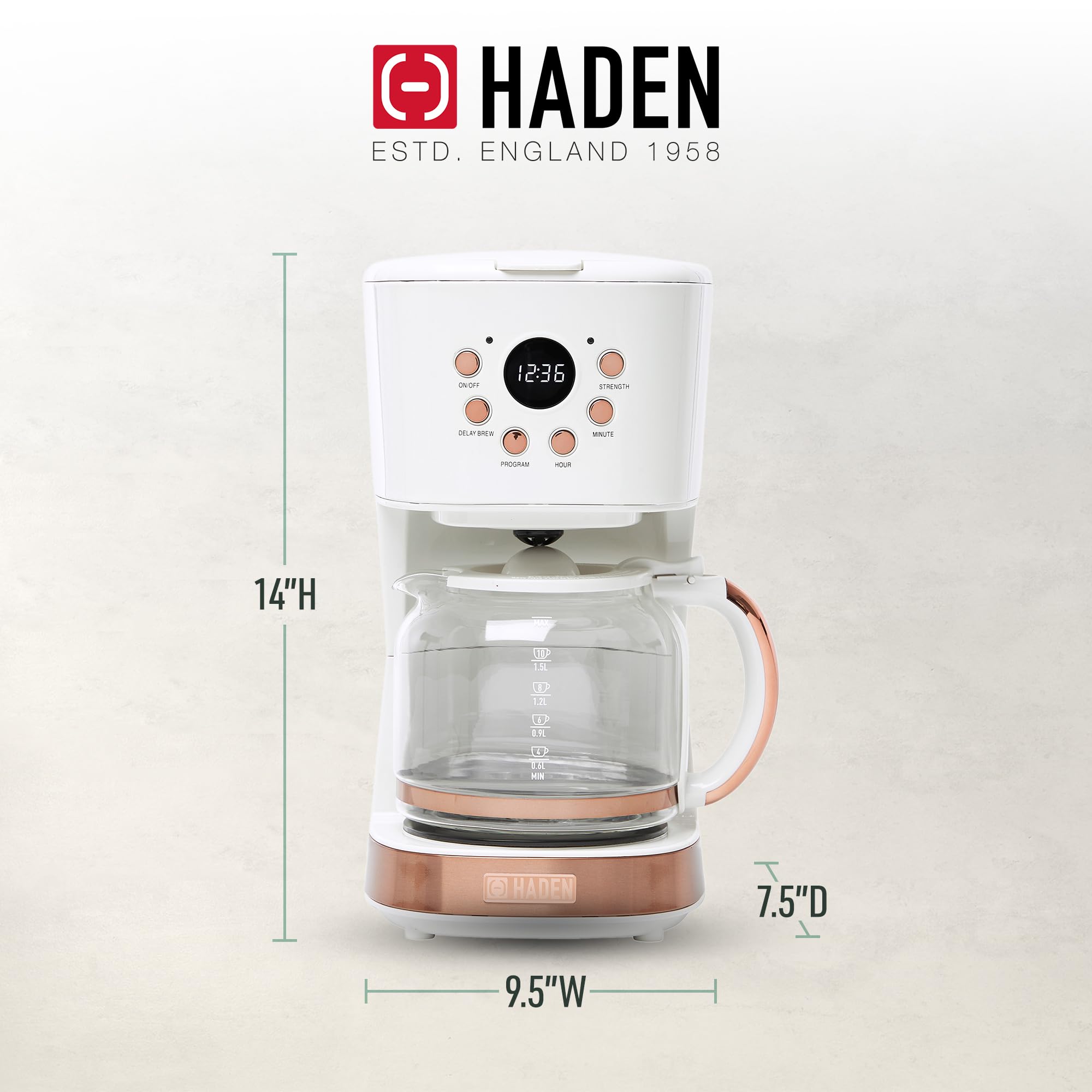 Haden 12 Cup Programmable Drip Coffee Maker with Auto Shut-Off & Reusable Filter - Ivory & Copper Coffee Machine for Home, Office & Kitchen Use