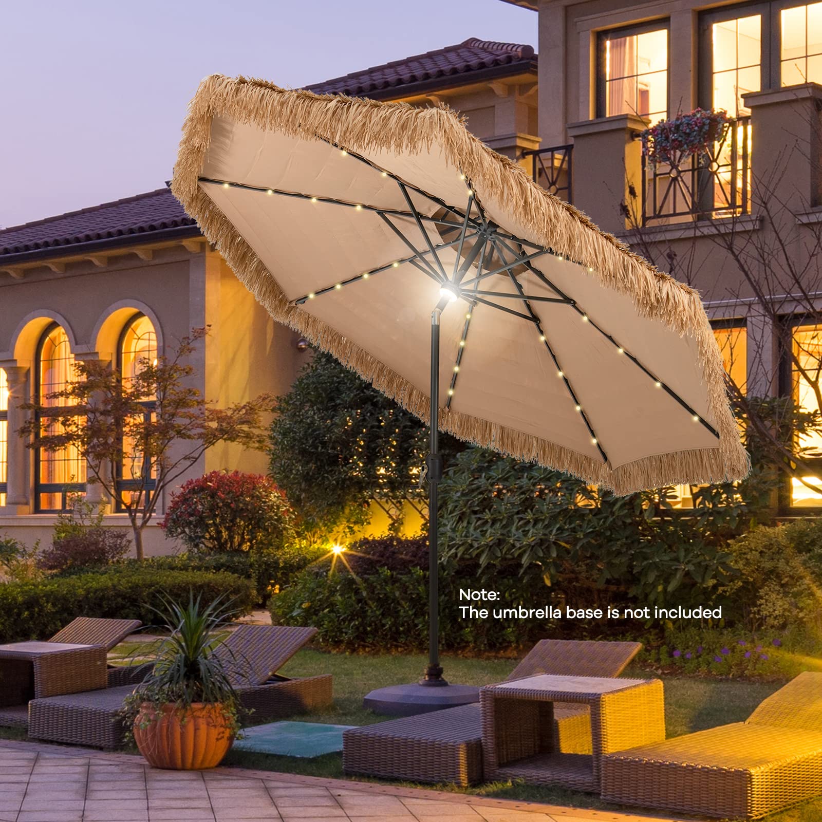 Tangkula 10ft Hawaiian-Style Thatched Patio Umbrella with 32 LED Lights & Solar Center Light - 2-Tier Tiki Umbrella, 8 Ribs, Tilt Adjustment, Manual Crank for Backyard, Poolside, Deck, Beach & Outdoor Parties