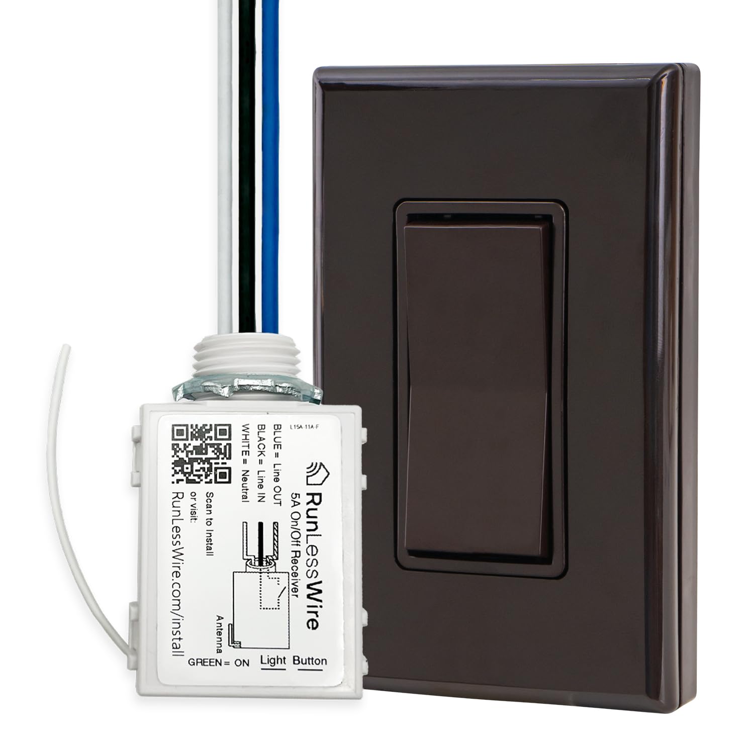 RunLessWire Single Pole Remote Light Switch Kit - Wireless, Battery-Free, Self-Powered Kinetic DIY Wall Switch with 150ft RF Range - Includes 1 On/Off Receiver & 1 Switch - Brown - Perfect for Bedrooms, Living Rooms, and Home Automation