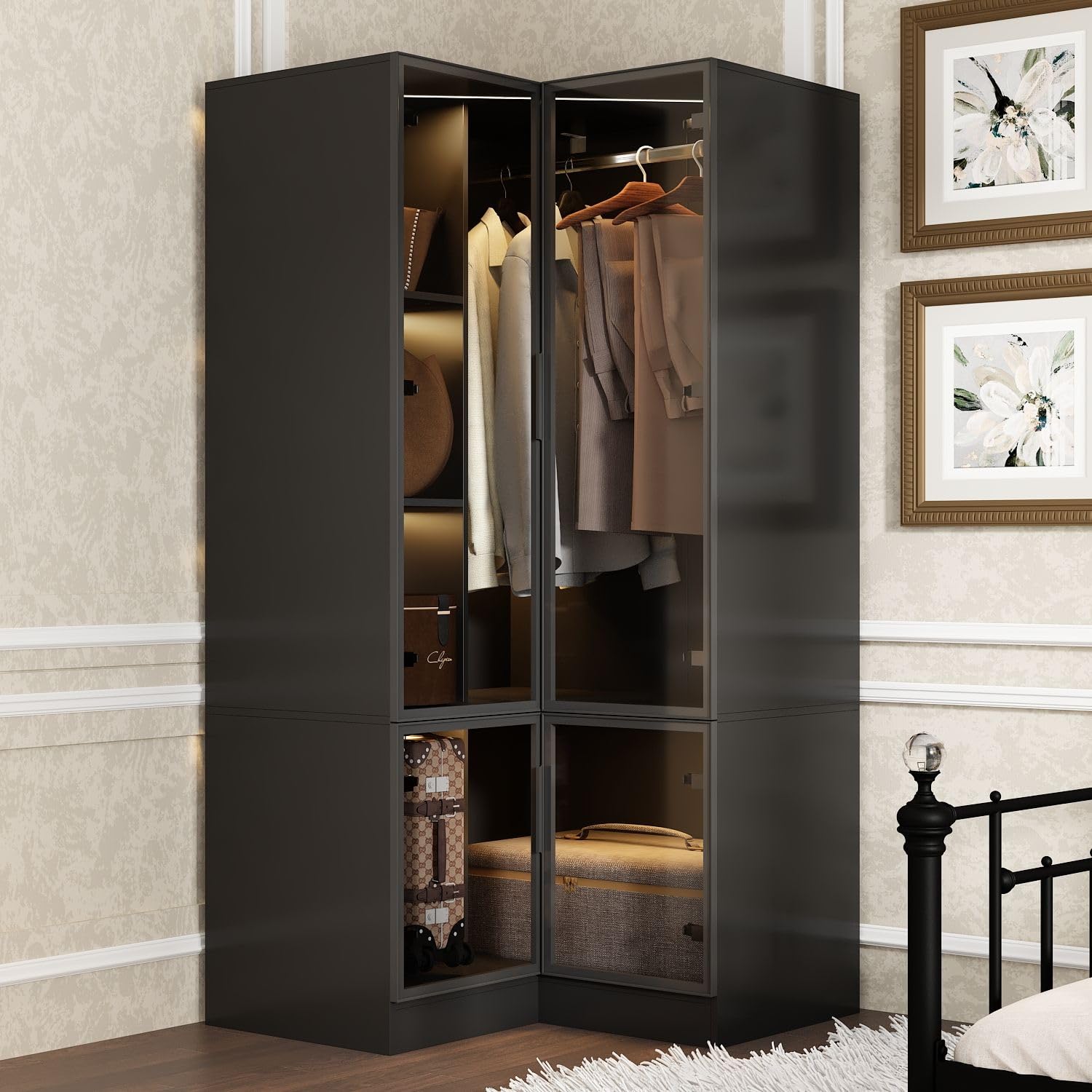 MOUMON L-Shaped Corner Wardrobe Closet with Glass Doors & LED Lights - Freestanding Clothes Storage Cabinet with Hanging Rod & Adjustable Shelves - Perfect for Bedroom, Guest Room, Walk-In Closet - Black (35.4”D x 35.4”W x 70.7”H) - Space-Saving Storage Solution for Small Apartments & Modern Homes