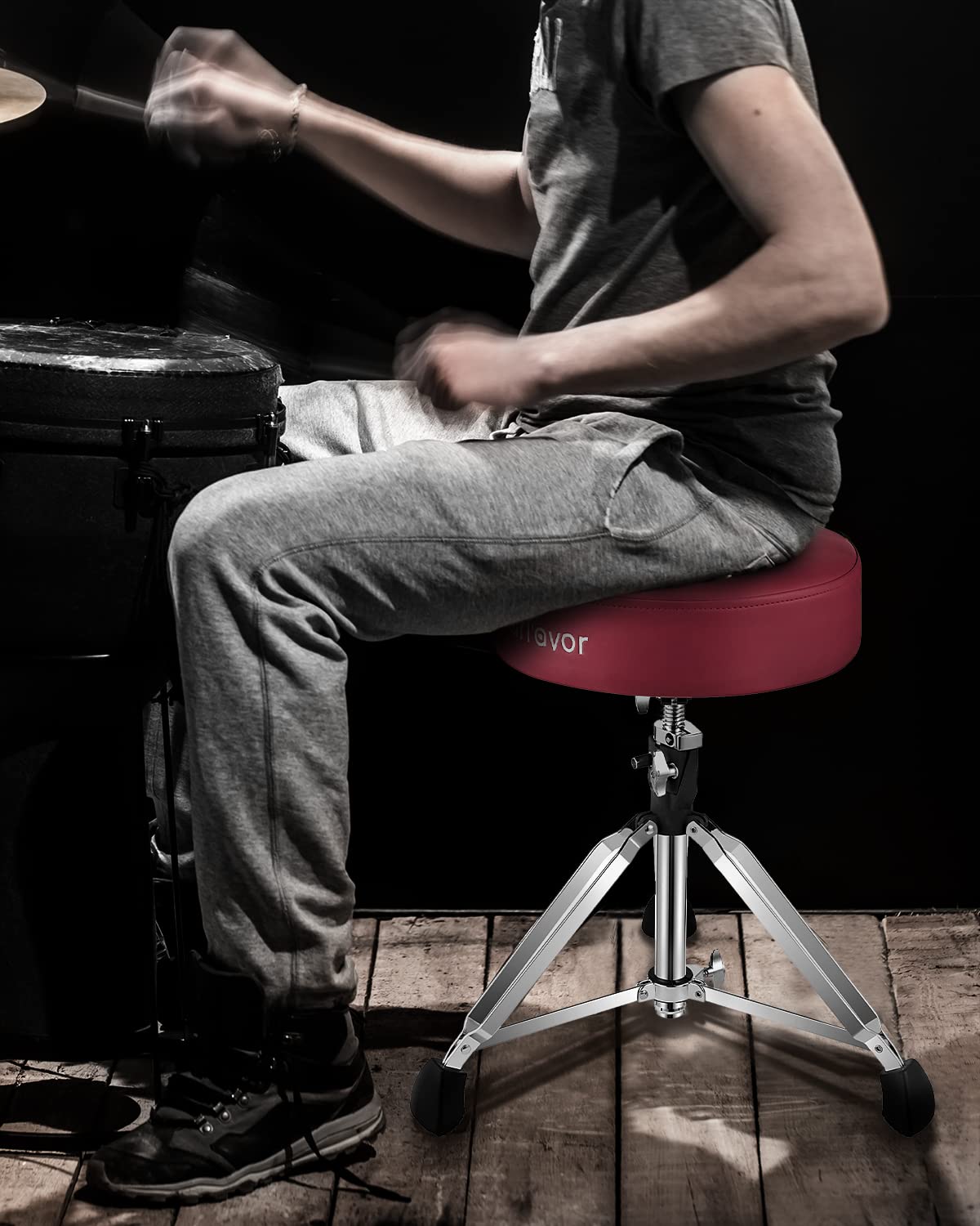 Starfavor Adjustable Drum Throne - Padded Rotatable Drum Stool with Double Braced Anti-Slip Feet, Comfortable Drum Seat for Drummers (Crimson Red, ST-650 Stone) - Perfect for Home Studios, Live Performances & Practice Sessions