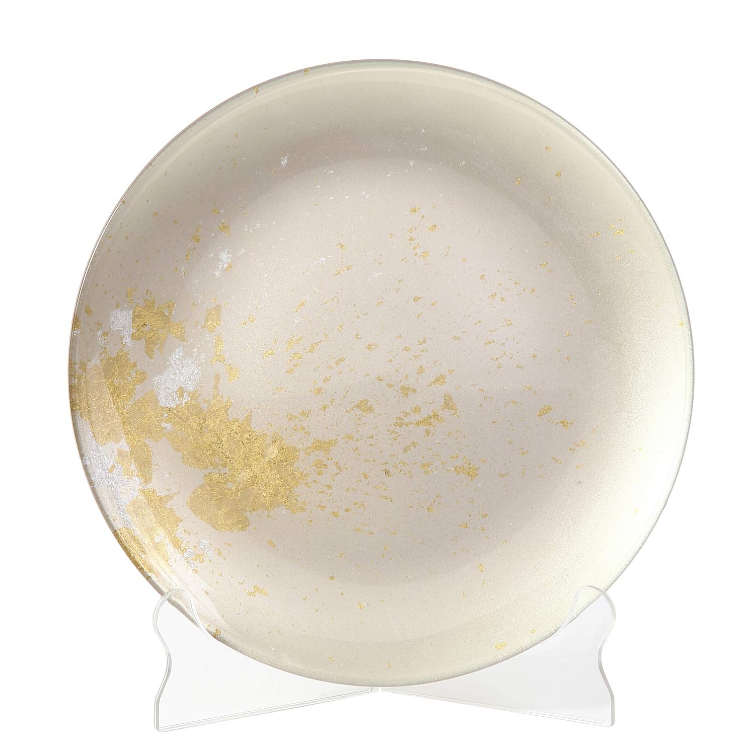 Japanese Urushi Glass Flat Dinner Plate 11-inch - Majestic White with Gold Leaf - Dishwasher Safe - Elegant Dining for Restaurants, Weddings & Special Occasions