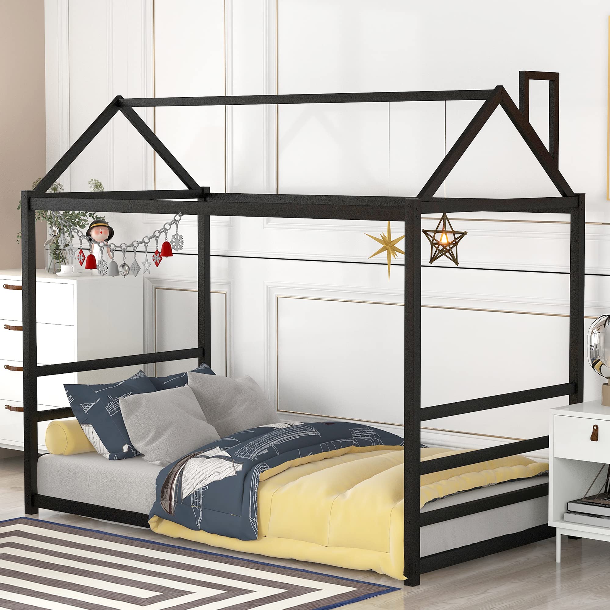 P PURLOVE Twin Size Wooden Playhouse Bed Frame with Roof & Chimney - Fun Themed Platform Bed for Kids, Teens, Boys & Girls | Perfect for Bedroom Decor, Imaginative Play & Sleepovers