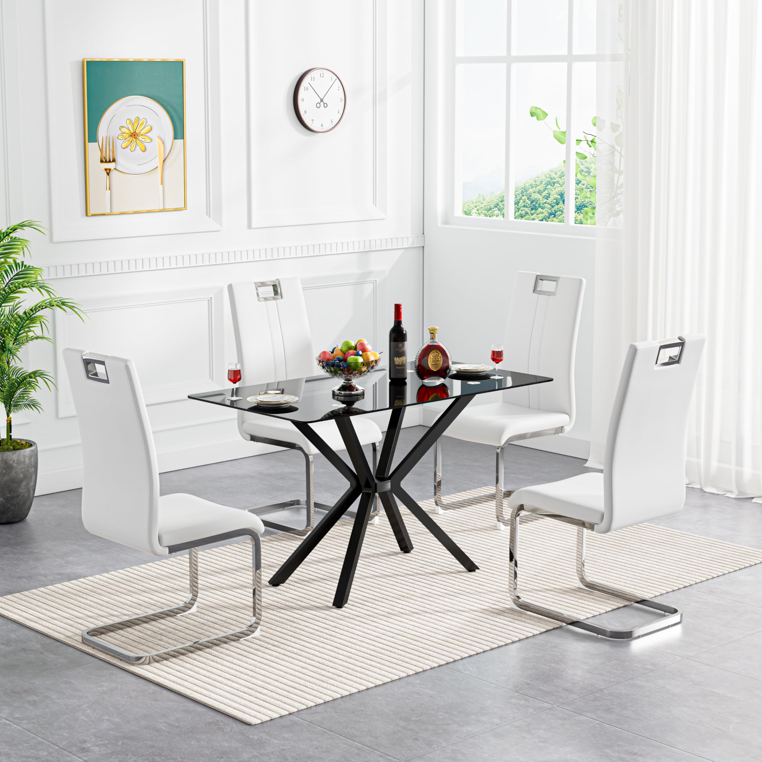 Modern Glass Dining Table Set for 4 with 4 White Faux Leather Chairs - 5 Piece Black Kitchen Table & Chairs for Small Spaces, Apartments - Perfect for Breakfast, Dinner, and Family Gatherings