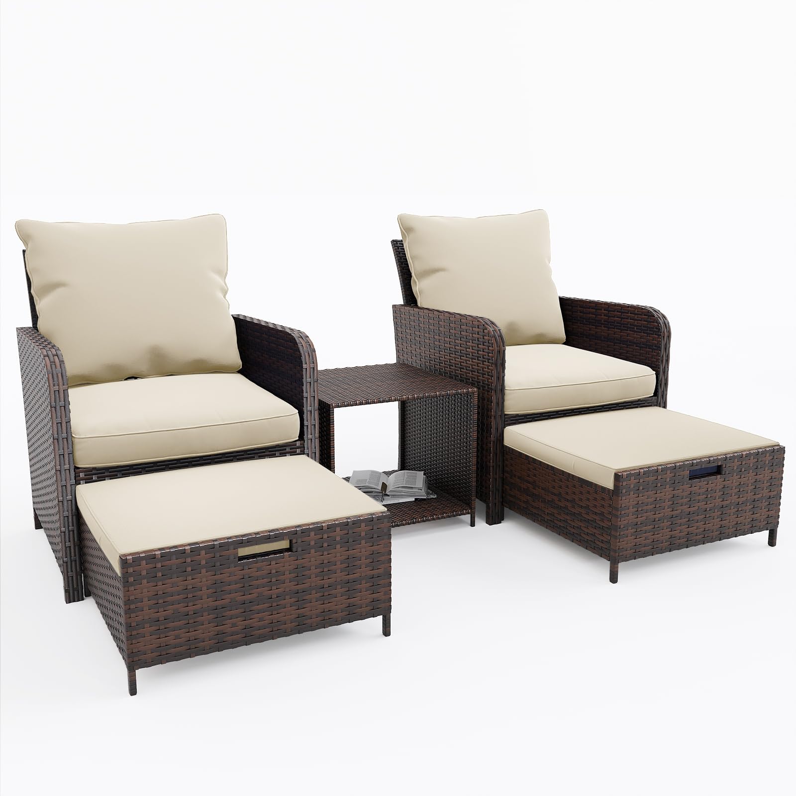 UDPATIO 5-Piece Wicker Patio Furniture Set with Hidden Ottoman - Outdoor Conversation Chairs & Side Table for Balcony, Porch, Deck, Garden - Perfect for Relaxing & Entertaining Guests