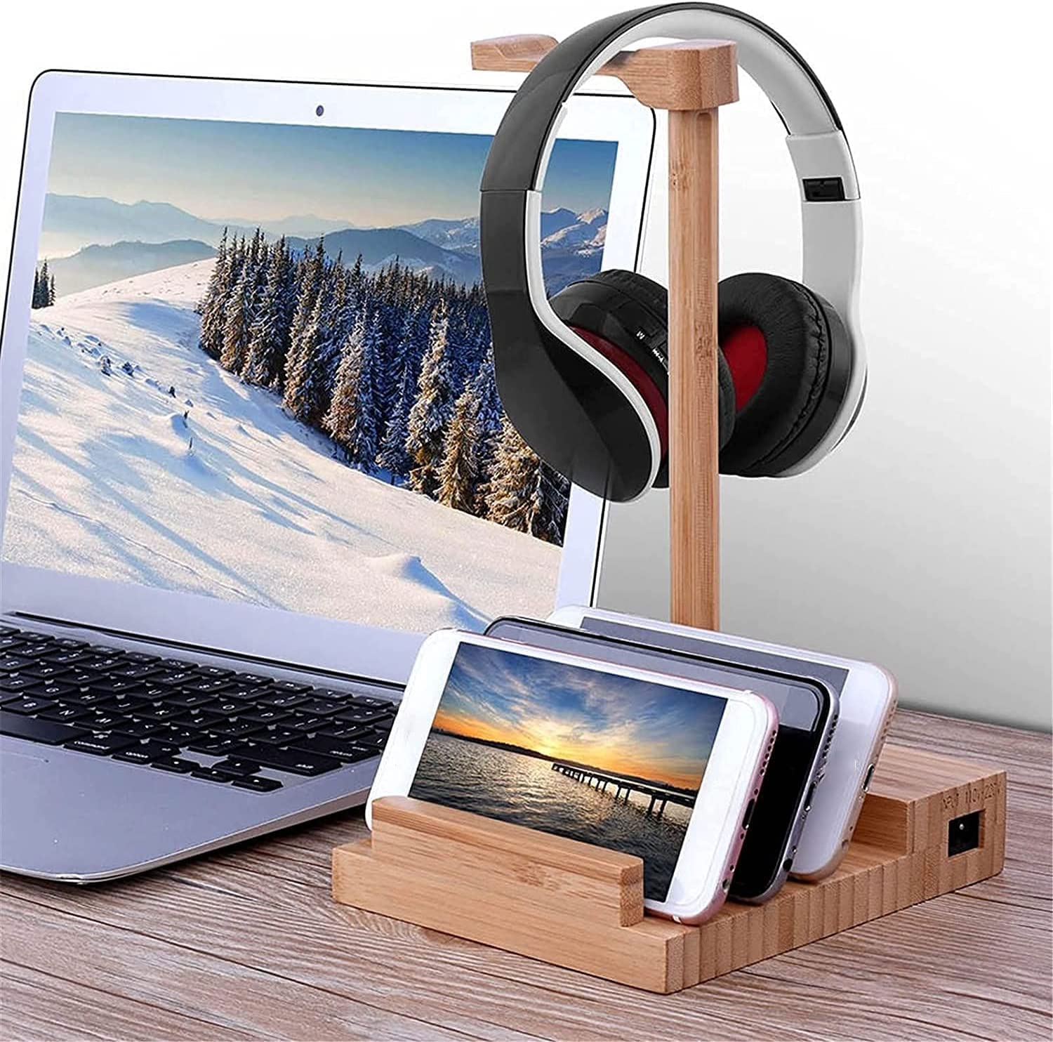 BOGAZY Wooden Headphone Stand with 3 USB Charging Ports - 2-in-1 Desk Organizer for Headset & Phone Holder - Perfect for Home Office, Gaming Setup, and Workspace Organization