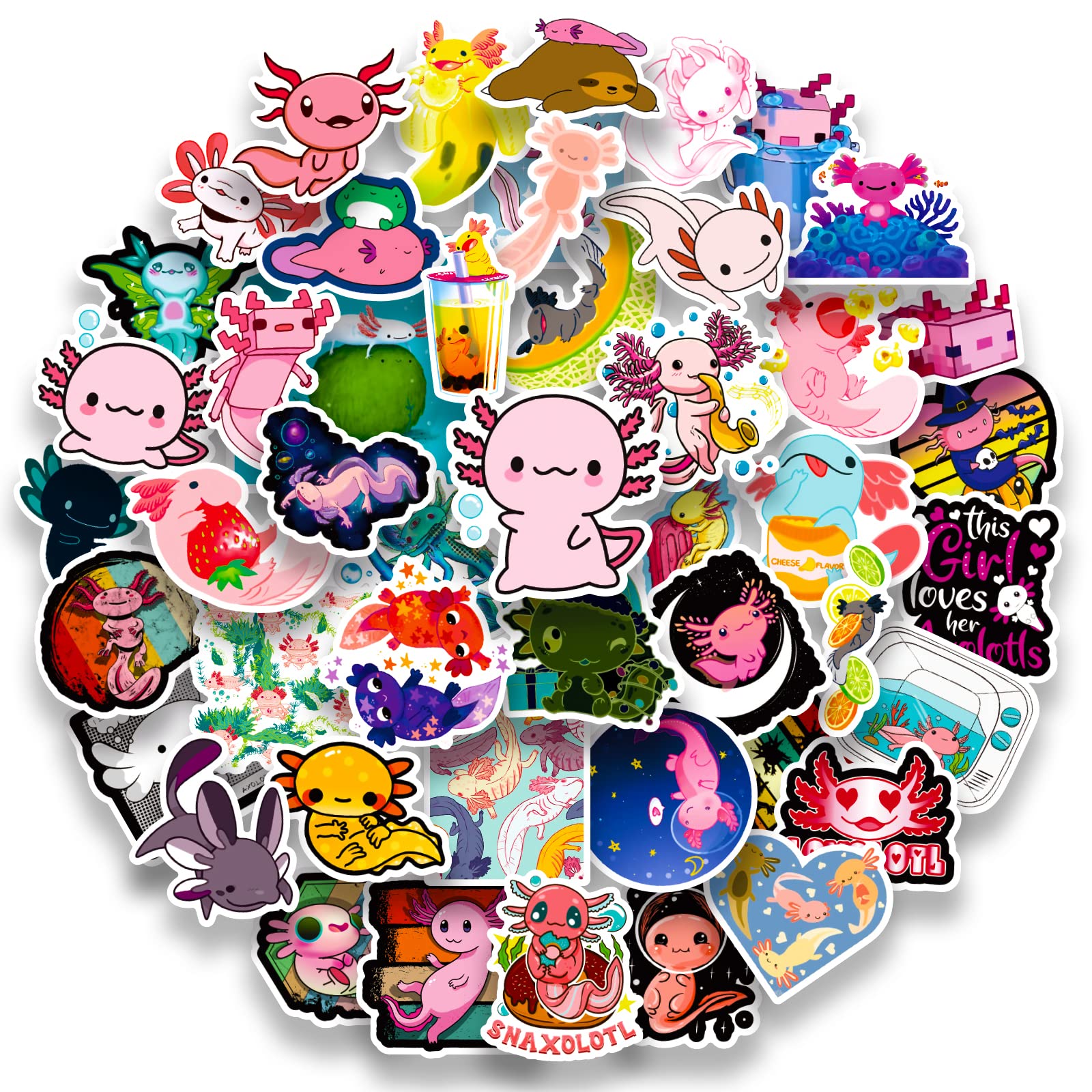50 PCS Cute Axolotl Waterproof Vinyl Stickers - Decals for Water Bottles, Laptops, Phones & Skateboards - Fun Stickers for Teens, Girls & Kids - Perfect for School, DIY Crafts & Personalizing Belongings