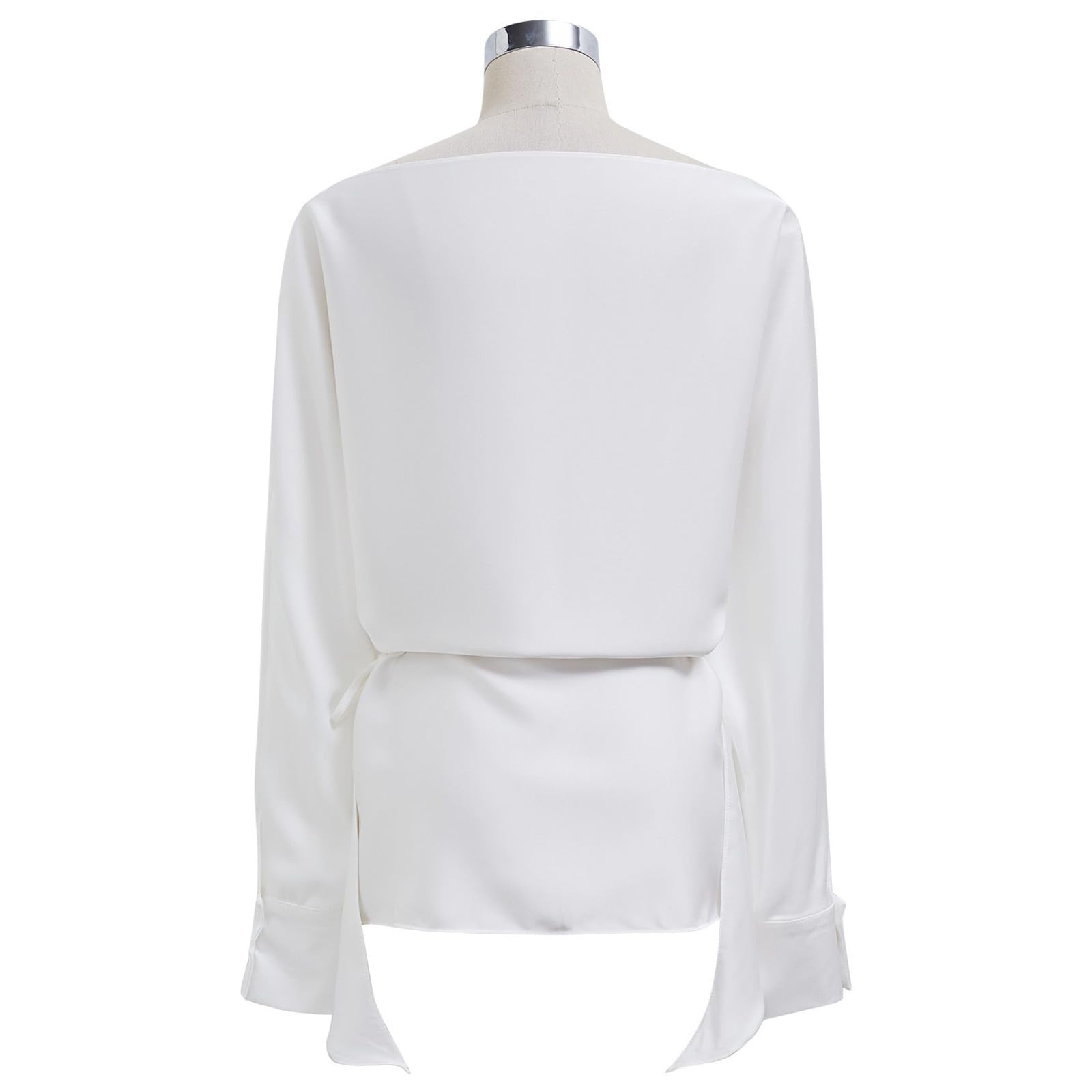 CHICWISH Women's Elegant Long Sleeve Satin Silk Blouse - Crisscross Waist Boat Neck Party Top for Work, Date Night & Special Occasions