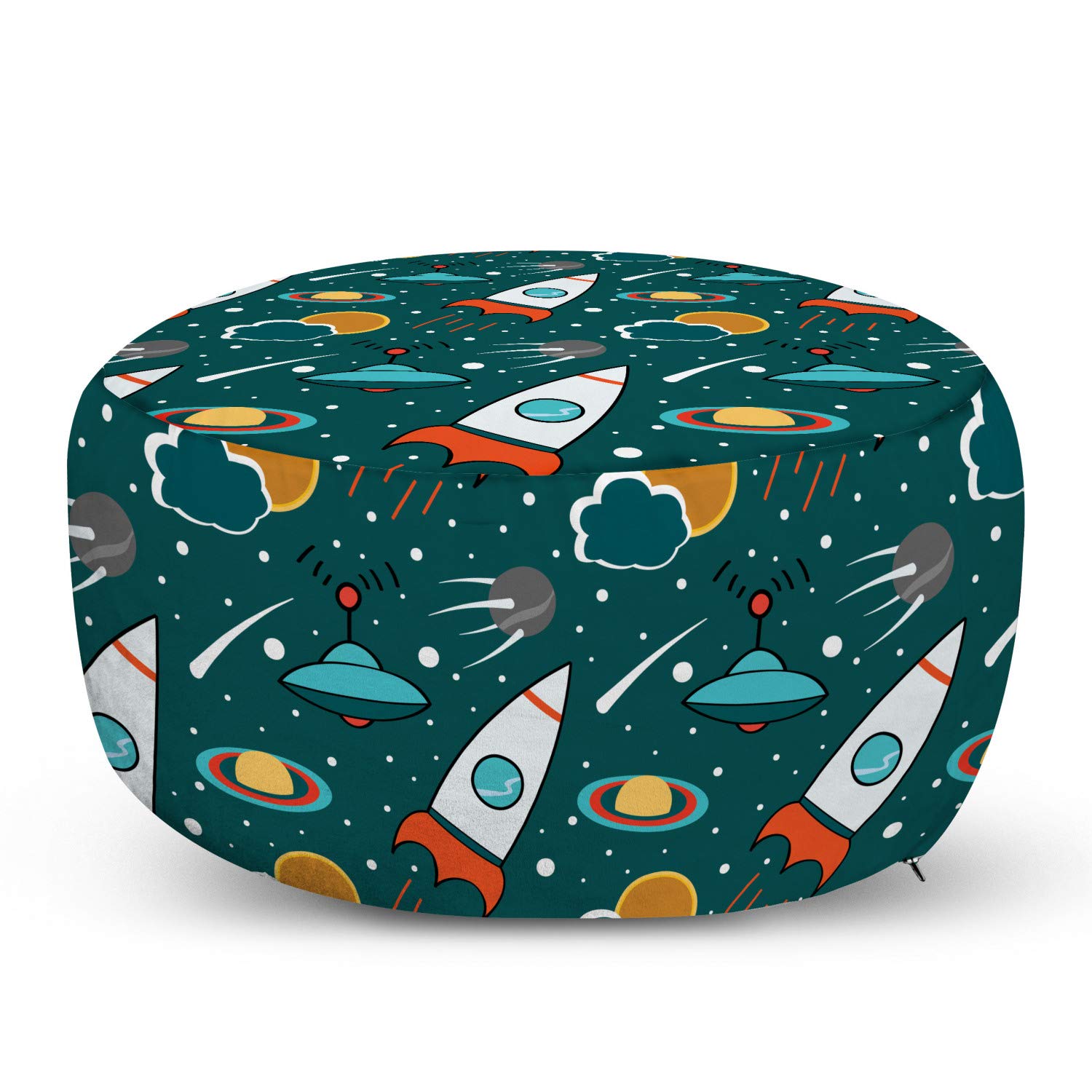 Ambesonne Futuristic Spaceship Pouf Cover with Zipper - Outer Space Cartoon Design with Dotted Backdrop, Saturn Sun & Nebula Print - Soft Decorative Fabric Unstuffed Case 30
