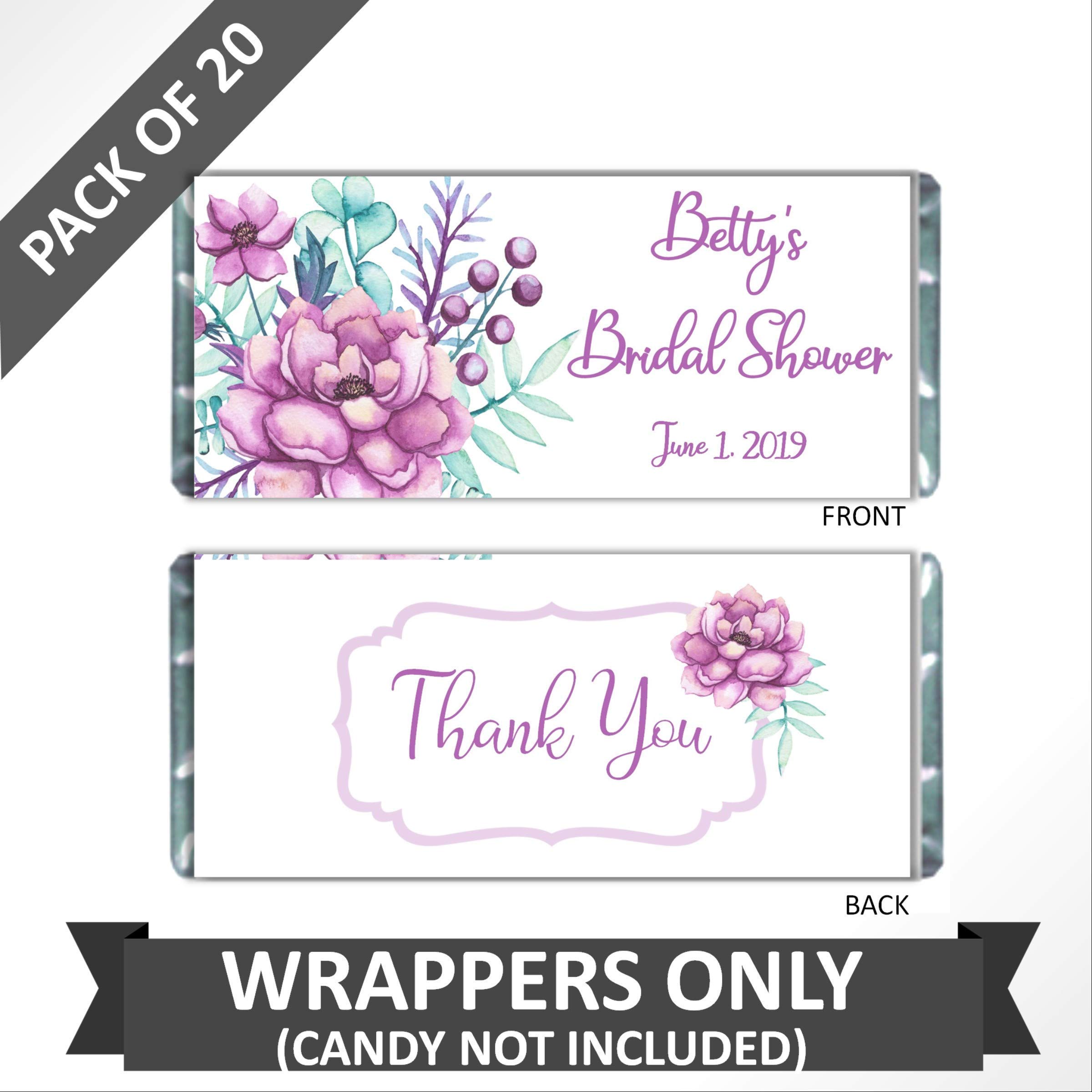 Custom Wedding Hershey Bar Wrappers - Elegant Purple Floral Design - Pack of 20 Personalized Candy Wrappers for Bridal Showers, Baby Showers & Party Favors