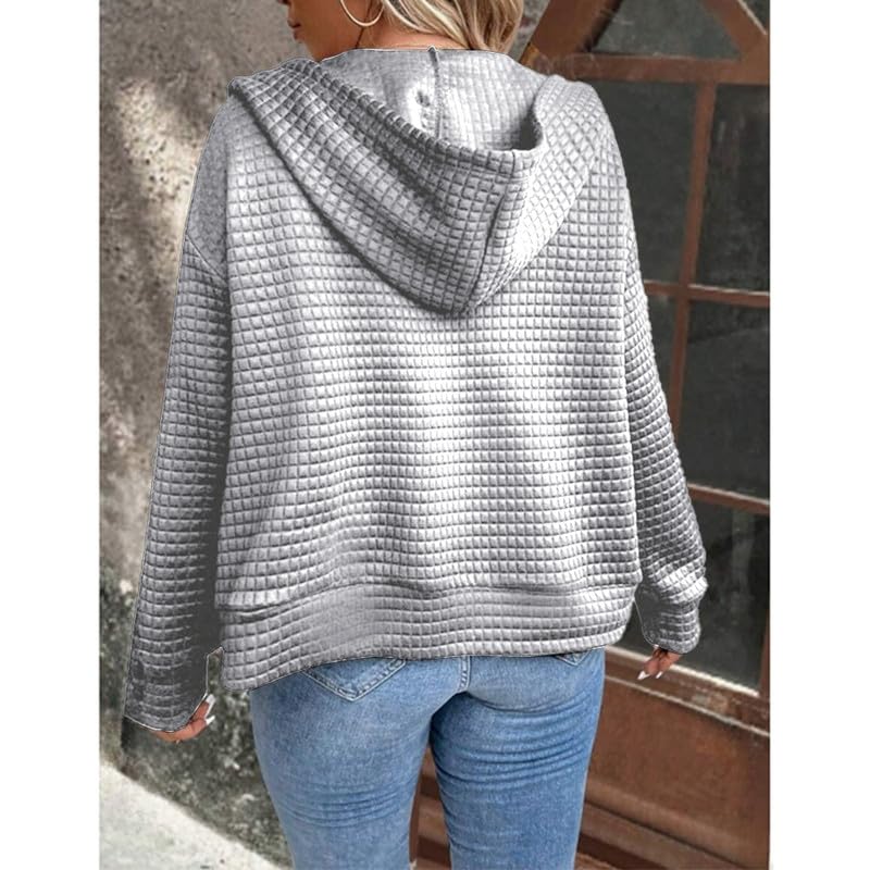 Women's Waffle Knit Hooded Sweatshirt with Drawstring Pockets - Long Sleeve Casual Zipper Jacket for Fall & Winter Layering - Perfect for Outdoor Activities, Lounge Wear and Street Fashion