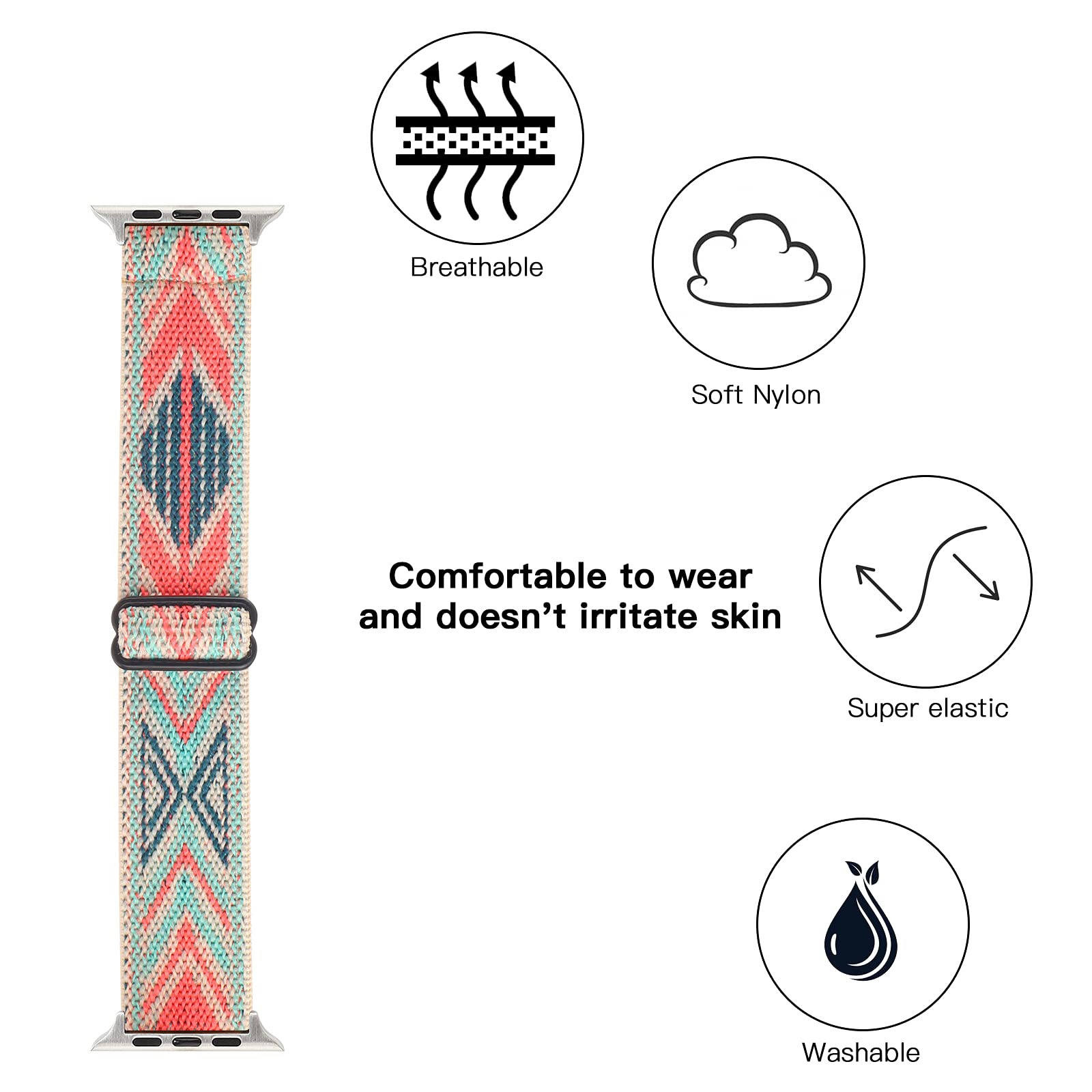 Premium Adjustable Stretchy Nylon Solo Loop Band for Apple Watch 38mm 40mm 41mm 42mm 44mm 45mm - Compatible with iWatch Series SE/7/6/5/4/3/2/1 - Comfortable Elastic Sport Strap for Workout, Running & Everyday Wear