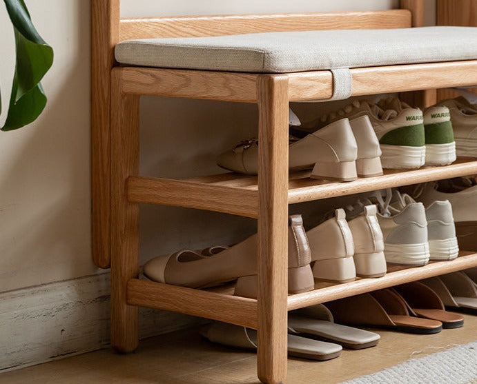 Solid Oak Wood Shoe Bench with Hooks - Entryway Organizer & Shoe Storage Stool for Hallway, Bedroom, or Mudroom