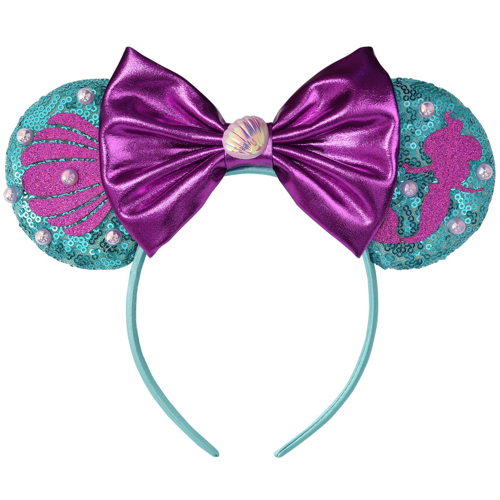 Ariel Little Mermaid Minnie Ears Headband - Sparkling Purple Sequin Bow Hairband for Disney Cosplay, Princess Party, Halloween Costume & Theme Park Accessories