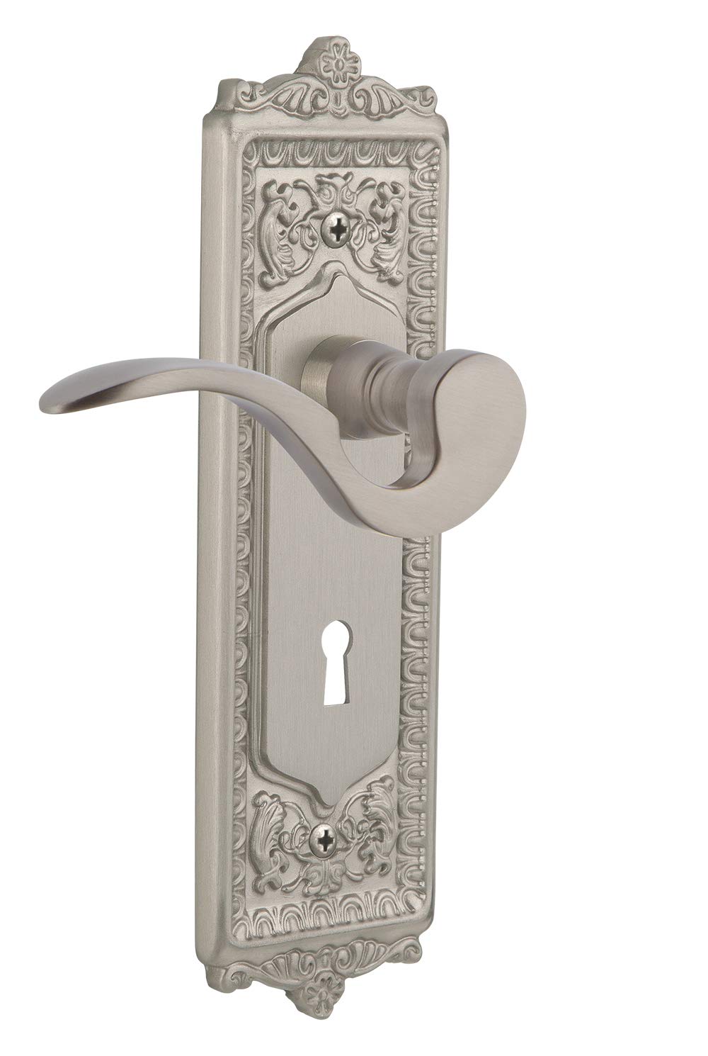 Nostalgic Warehouse Egg & Dart Plate Double Dummy Door Knob with Keyhole Manor Lever in Satin Nickel - Vintage Style Door Hardware for Classic Home Decor & Interior Design