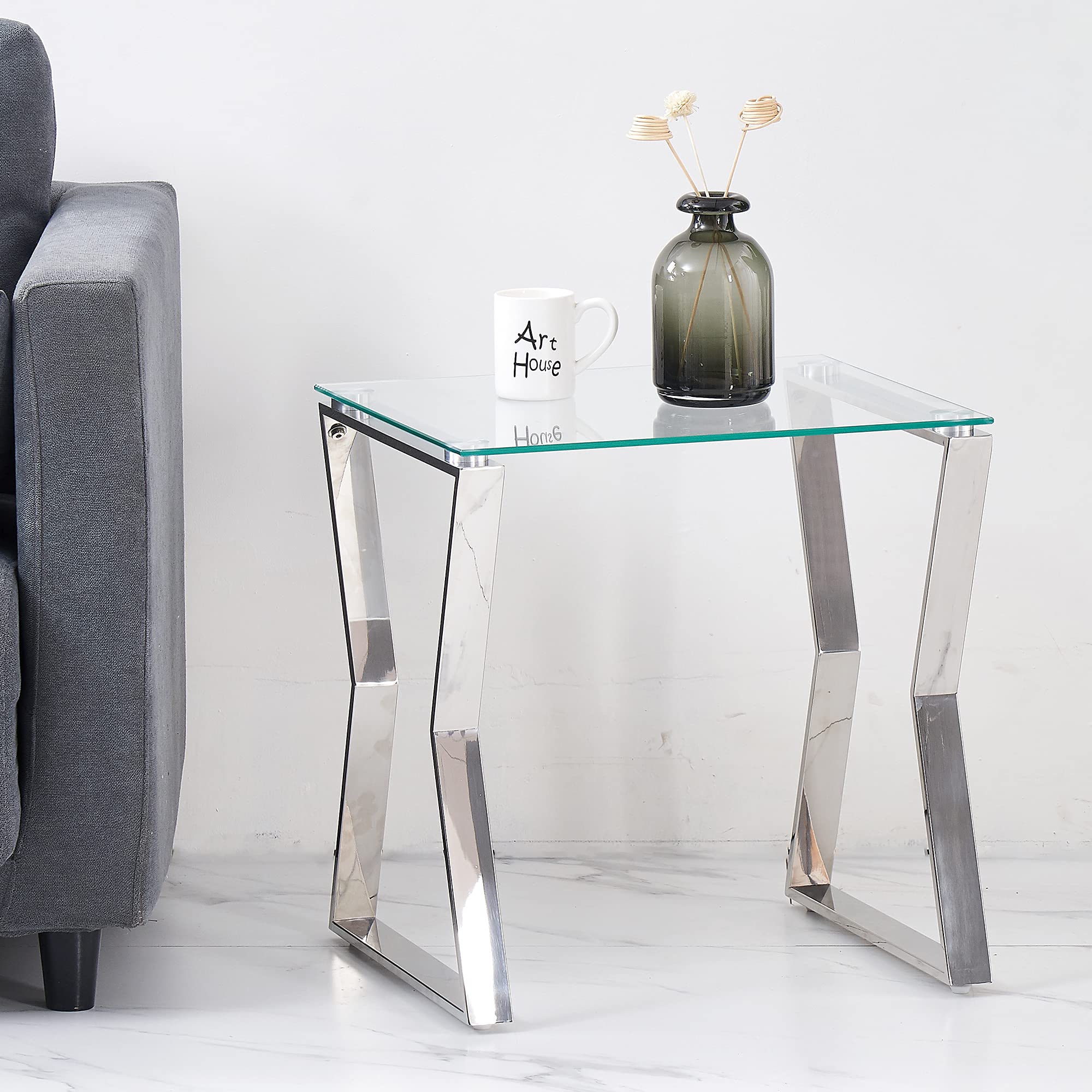 Modern End Table with Clear Tempered Glass - 18