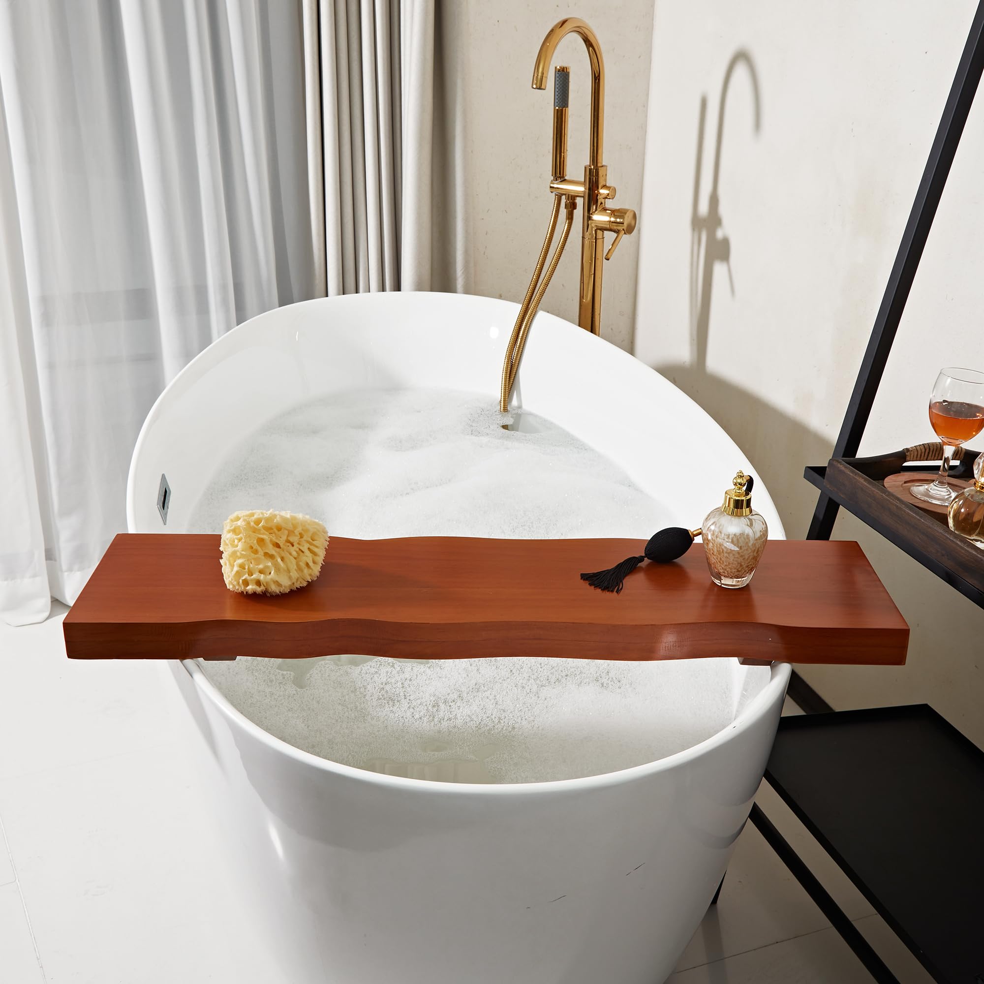 Premium Teak Wood Bath Caddy with Adjustable Track & Rustic Live Edges - Dark Wood Bathtub Tray for Bath Accessories | Perfect for Relaxing Baths, Spa Days & Luxury Bathroom Decor