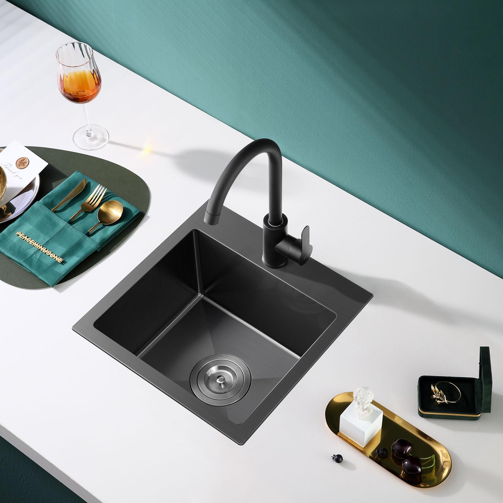 TSIBOMU 18x18 Inch Topmount Kitchen Sink - 304 Stainless Steel Single Bowl Drop-in Sink with Single Faucet Hole, Black - Perfect for Small Kitchens, Bars, and RV Remodeling