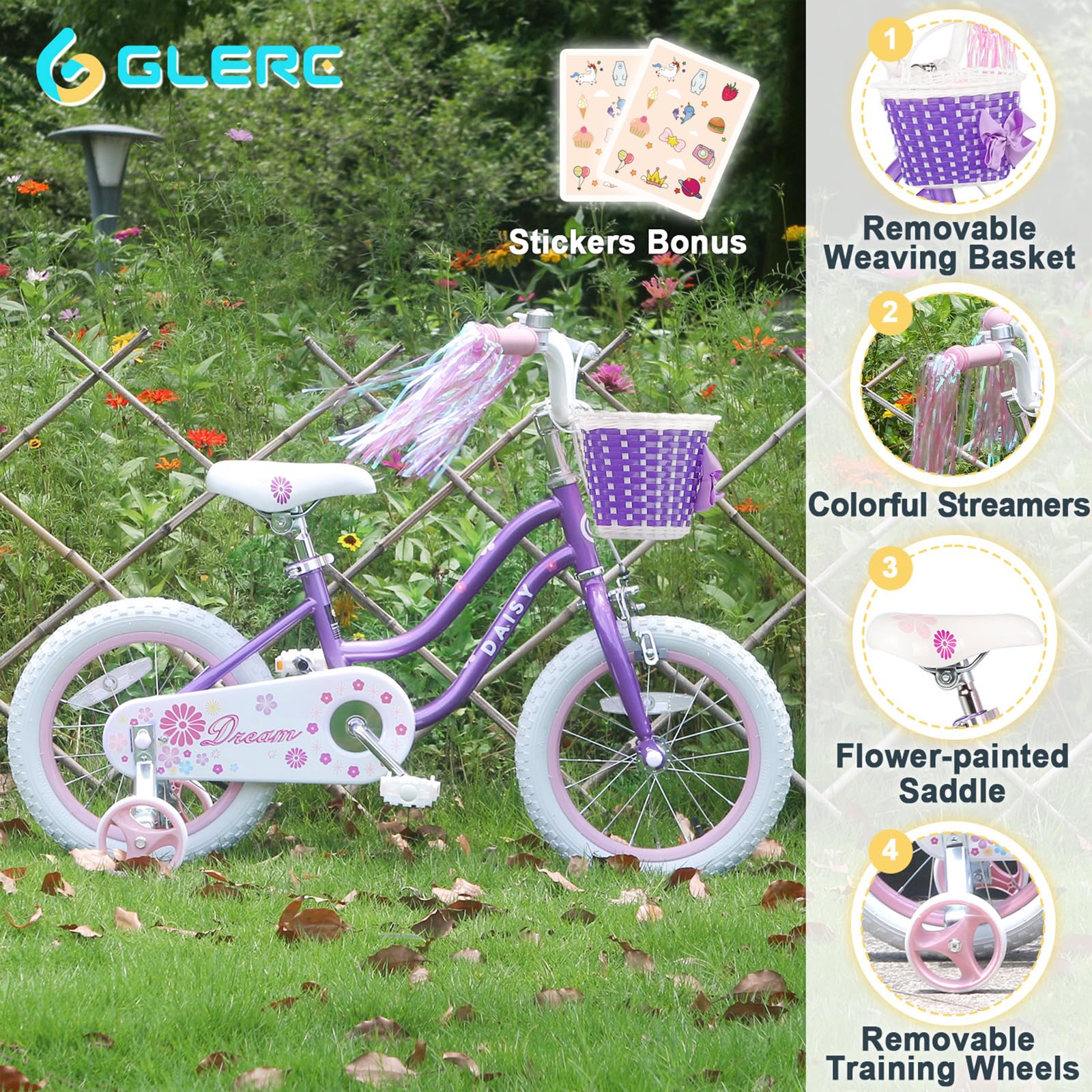 12 14 16 Inch Daisy Princess Girls Bike for Kids Ages 2-7 Years - Toddler & Child Bicycle with Training Wheels, Basket & Streamers - Pink Purple Blue Color Options - Perfect for Birthday Gifts & Outdoor Riding