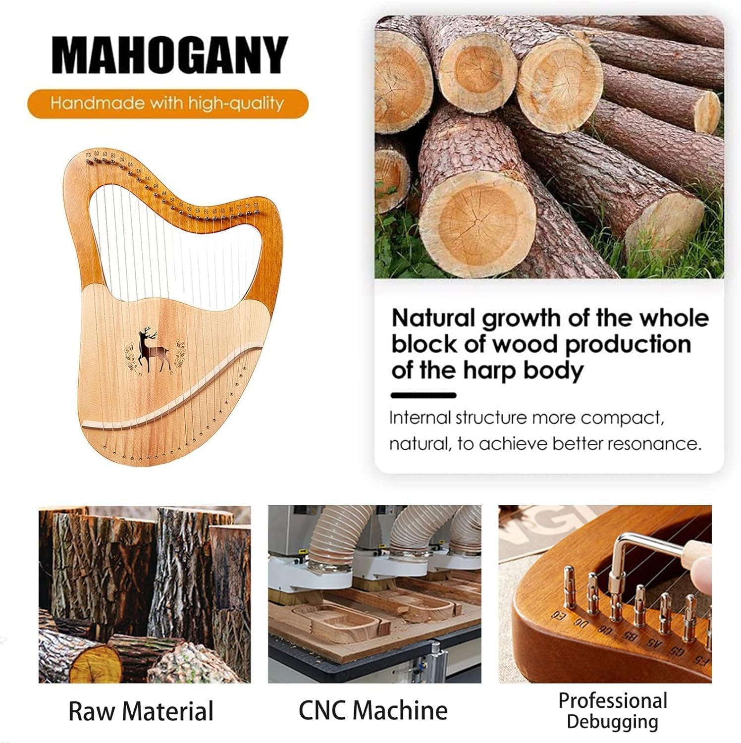 32-String Mahogany Wood Lyre Harp with EVA Carry Bag, Tuning Key & Spare Strings - Perfect for Beginners, Kids & Music Lovers - Ideal for Home Practice, Gifts & Music Education