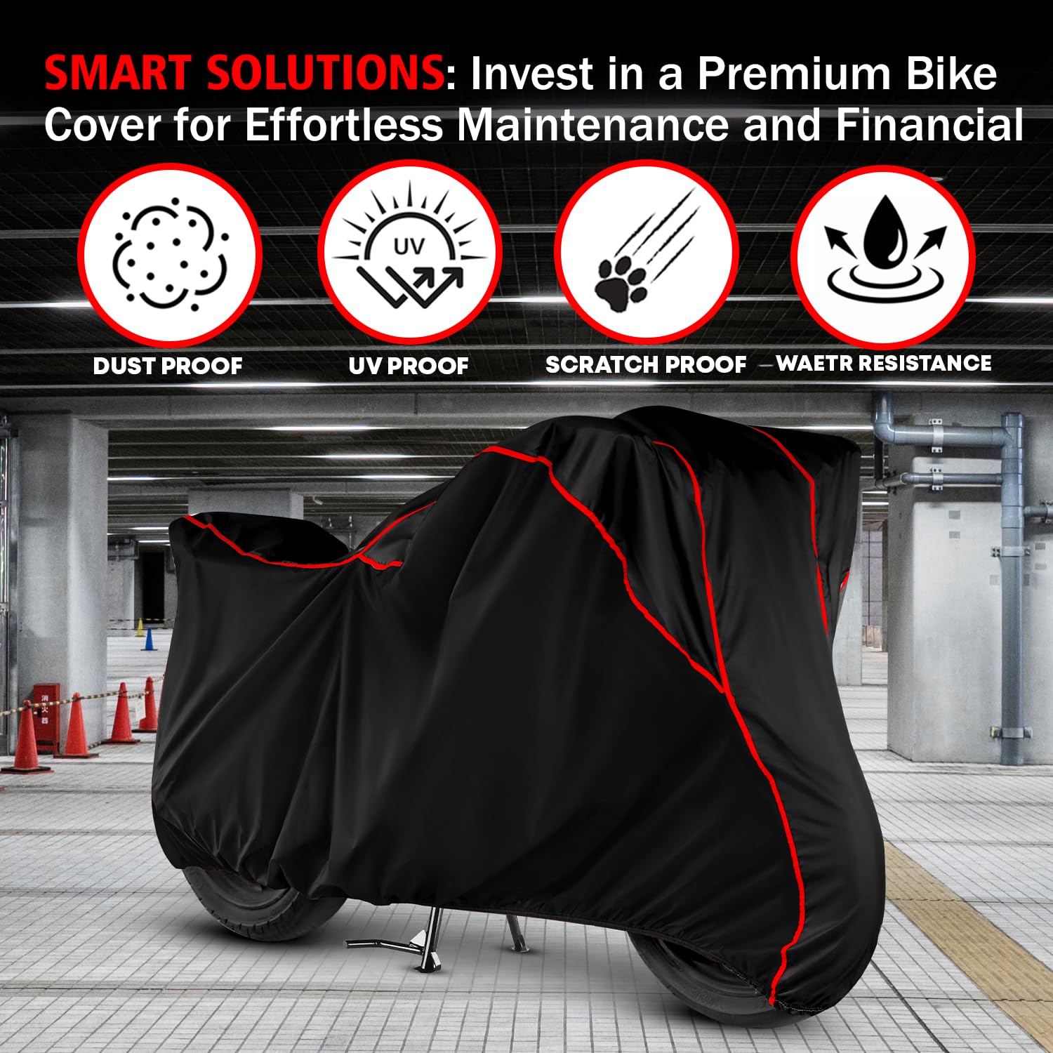 VOICO Waterproof Bike Cover for Bajaj Pulsar 220F - Dustproof, UV Resistant All-Weather Motorcycle Protection with Red Piping (Black) - Perfect for Outdoor Parking & Long-Term Storage