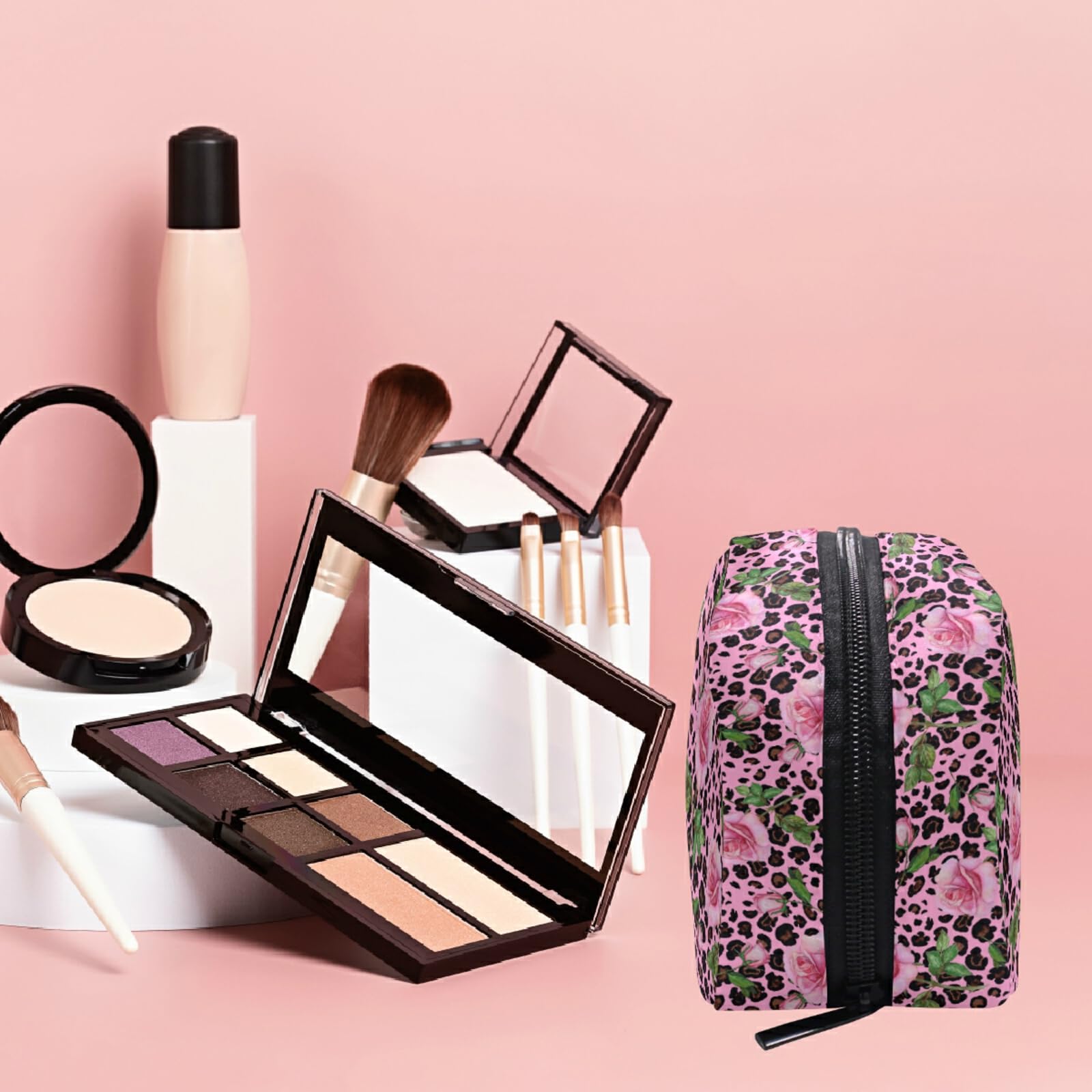 MNSRUU Small Cosmetic Bag for Women & Girls - Pink Leopard Print with Roses Design, Travel Makeup Toiletry Organizer Bag with Multiple Compartments | Perfect for Travel, Gym, Daily Use & Gift Giving