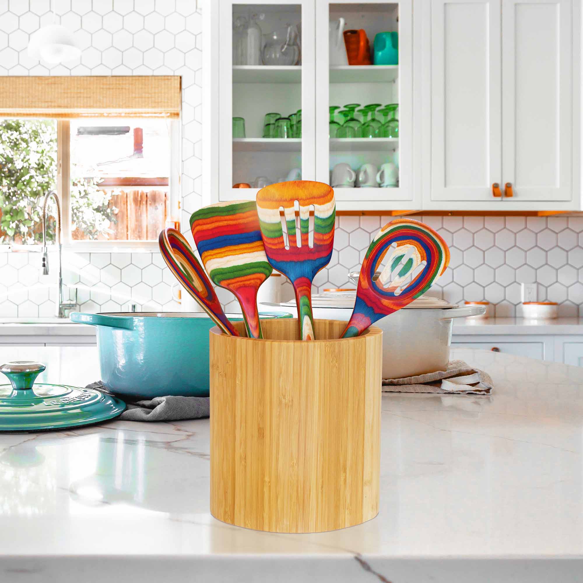 Premium Oval Bamboo Kitchen Utensil Holder - Natural Wood Countertop Organizer for Spoons, Forks & Cooking Tools - Perfect for Modern Kitchens & Countertop Storage