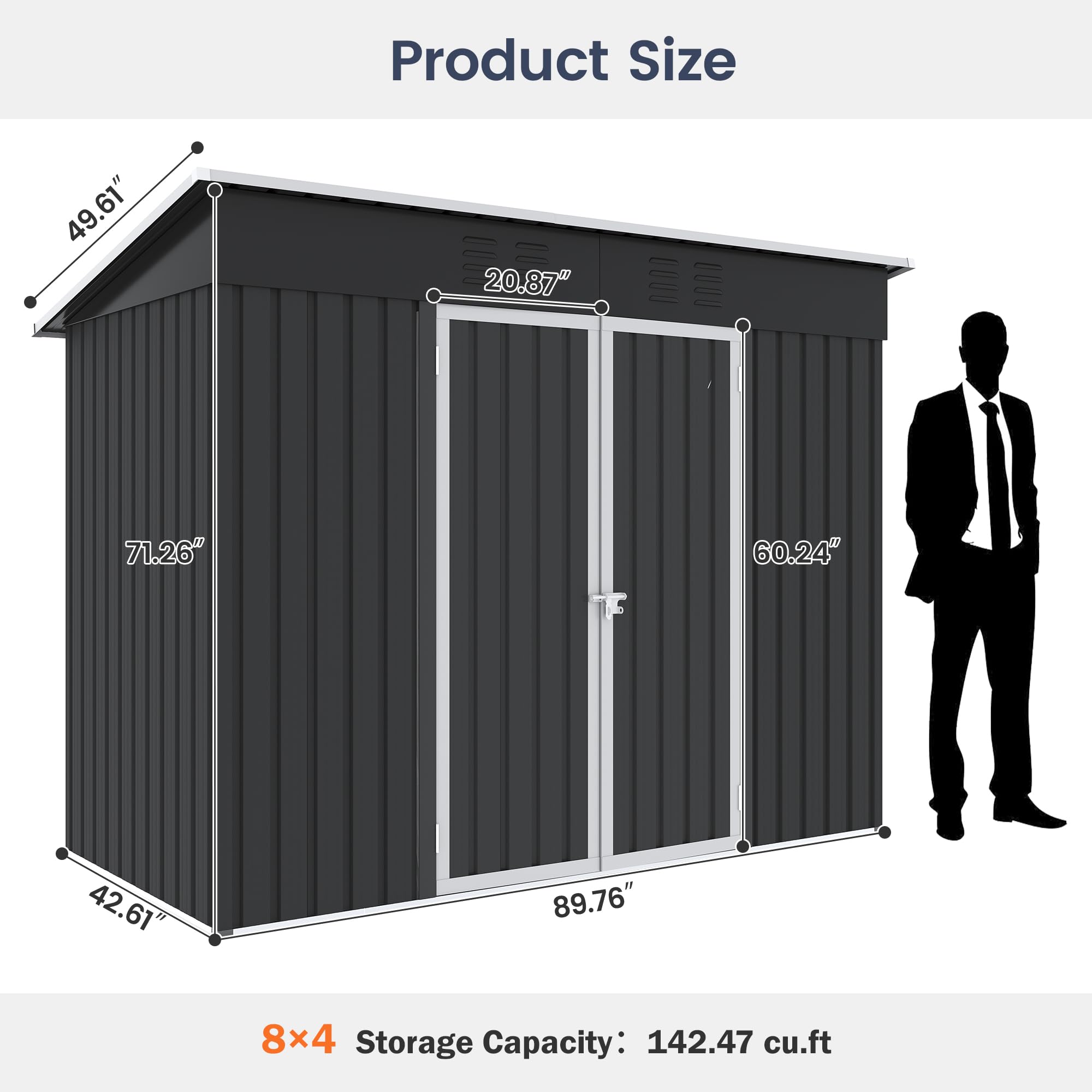 8x4 FT Outdoor Storage Shed - Galvanized Steel Metal Tool Shed with Lockable Door for Patio, Yard & Lawn - Perfect for Storing Bikes, Lawnmowers & Garden Equipment (Dark Grey)