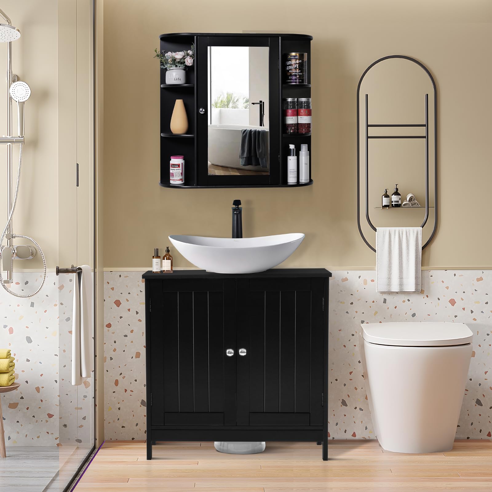 Iwell Bathroom Medicine Cabinet with Mirror - Wall Mounted Vanity Storage Organizer for Small Spaces, Black - Perfect for Bathroom, Bedroom, or Entryway Organization