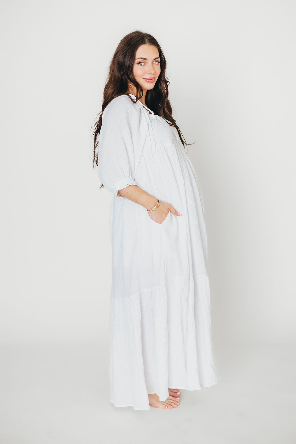 Goddess 100% Cotton Babydoll Maxi Dress - White Maternity Dress for Pregnancy, Bump Friendly, Comfortable & Flowy - Perfect for Maternity Photoshoot, Baby Shower & Summer Vacation