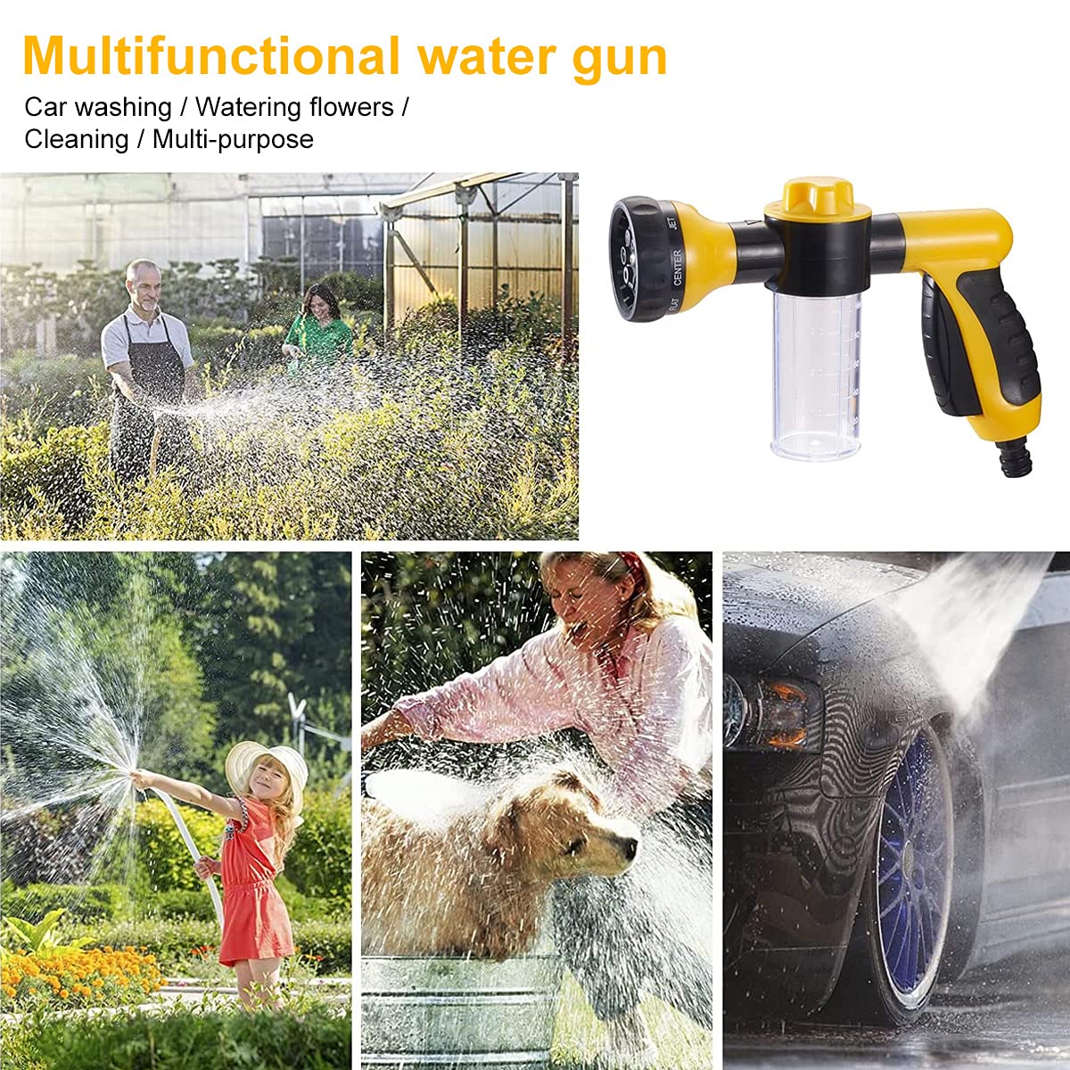 Kamirola 8-in-1 High Pressure Foam Cannon Sprayer - Car Wash Brush, Garden Hose Nozzle, Soap Sprayer for Lawn Cleaning, Patio, Pet Bathing (Black) | Perfect for Home, Auto Detailing & Outdoor Cleaning