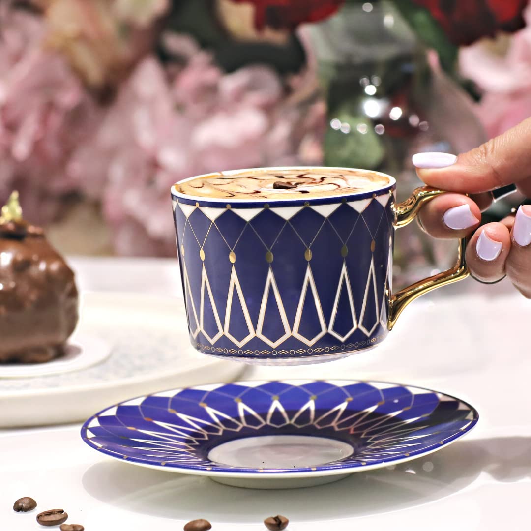 Premium Ceramic Bone China Tea & Coffee Cup Set - 220ml/7.4oz Cups with Matching Saucers & Spoons - Elegant Cappuccino, Espresso & Turkish Tea Mugs - Perfect Holiday Gift for Home, Office & Cafe Use
