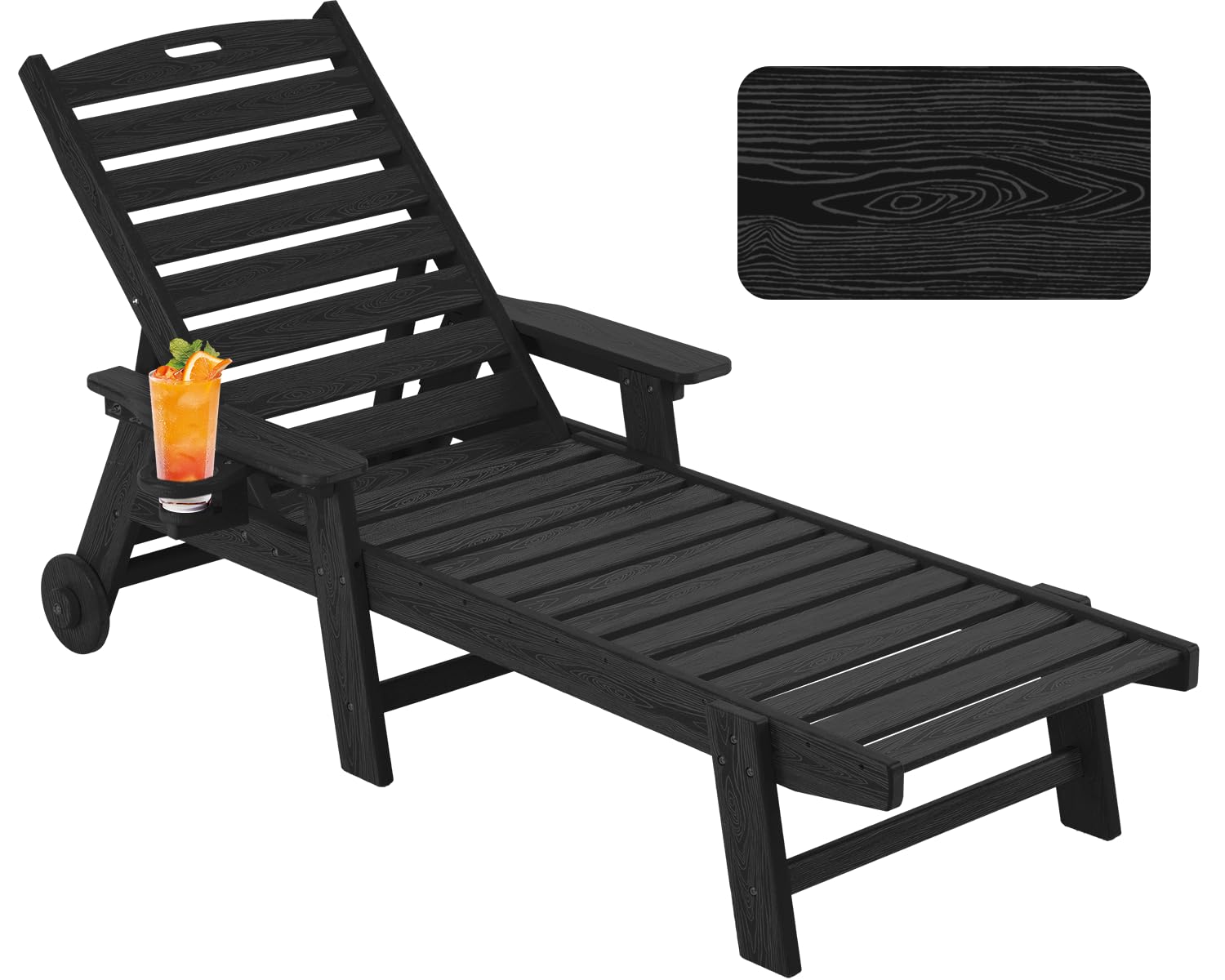 Outdoor Chaise Lounge Chair with Wheels - Oversized Patio Chair with Wood Texture - 5-Position Adjustable Plastic Sun Lounger for Pool, Beach, Deck & Backyard Relaxation | Perfect for Sunbathing, Reading & Outdoor Lounging