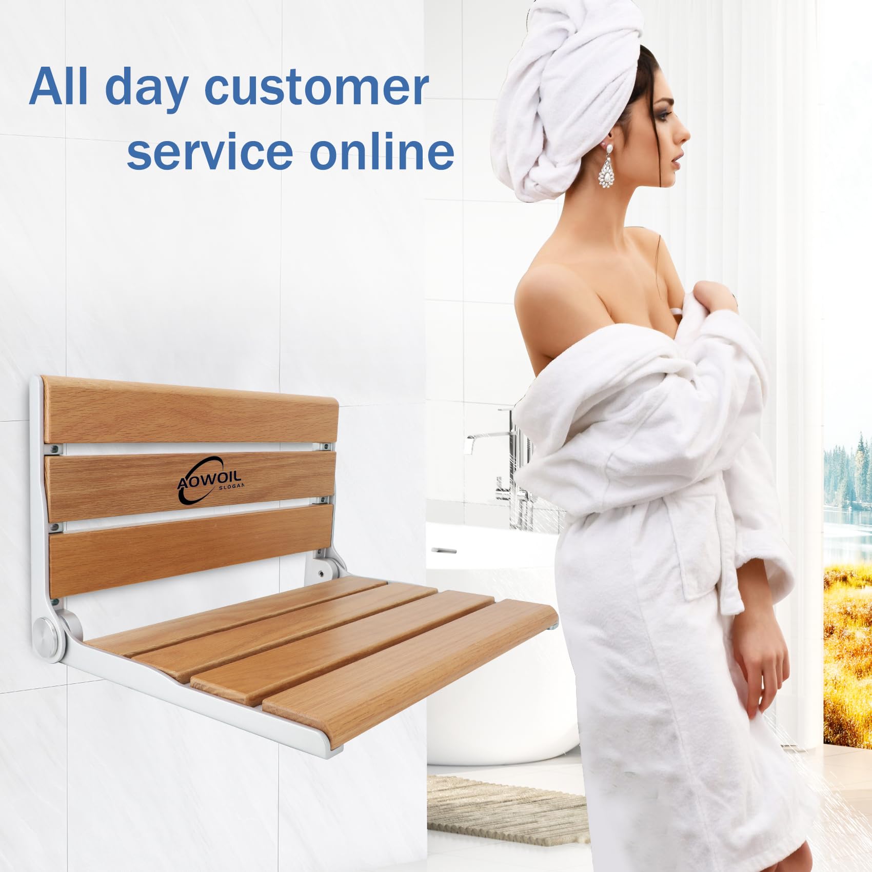 16IN Folding Teak Shower Seat Wall Mounted - 400LB Weight Capacity for Elderly, Disabled & Pregnant - Space Saving Bathroom Safety Seat for Showers & Bathtubs [2025 New Model]