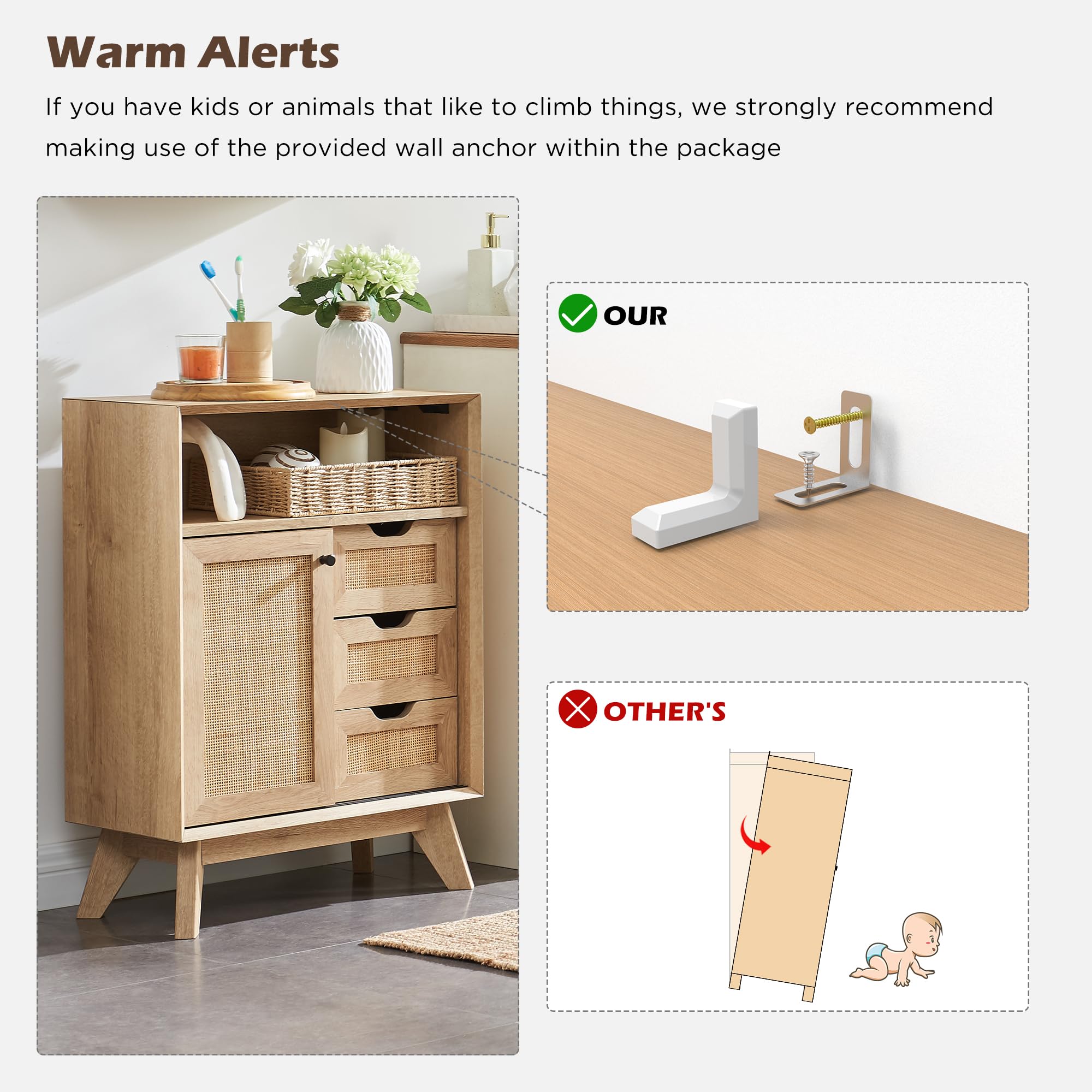 Natural Rattan Bathroom Storage Cabinet with Sliding Door & 3 Drawers - Modern Boho Freestanding Organizer for Bathroom, Kitchen, Dining Room | Perfect for Small Space Organization & Home Decor