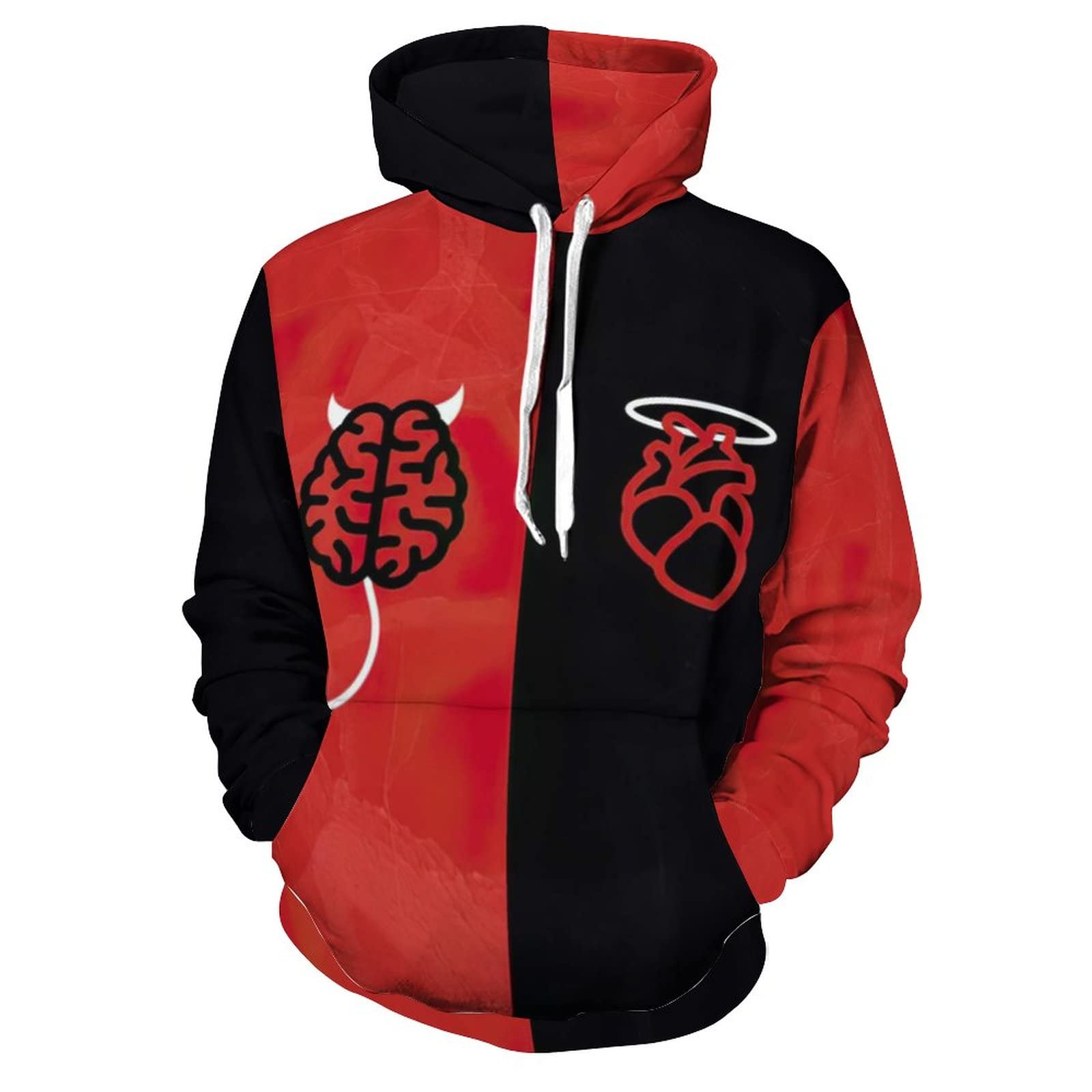 Red and Black Spliced Hoodie with Angel Heart & Devil Brain Design - Unisex Pullover Sweatshirt for Men & Women | Streetwear Fashion, Couple Outfits, Halloween Costume