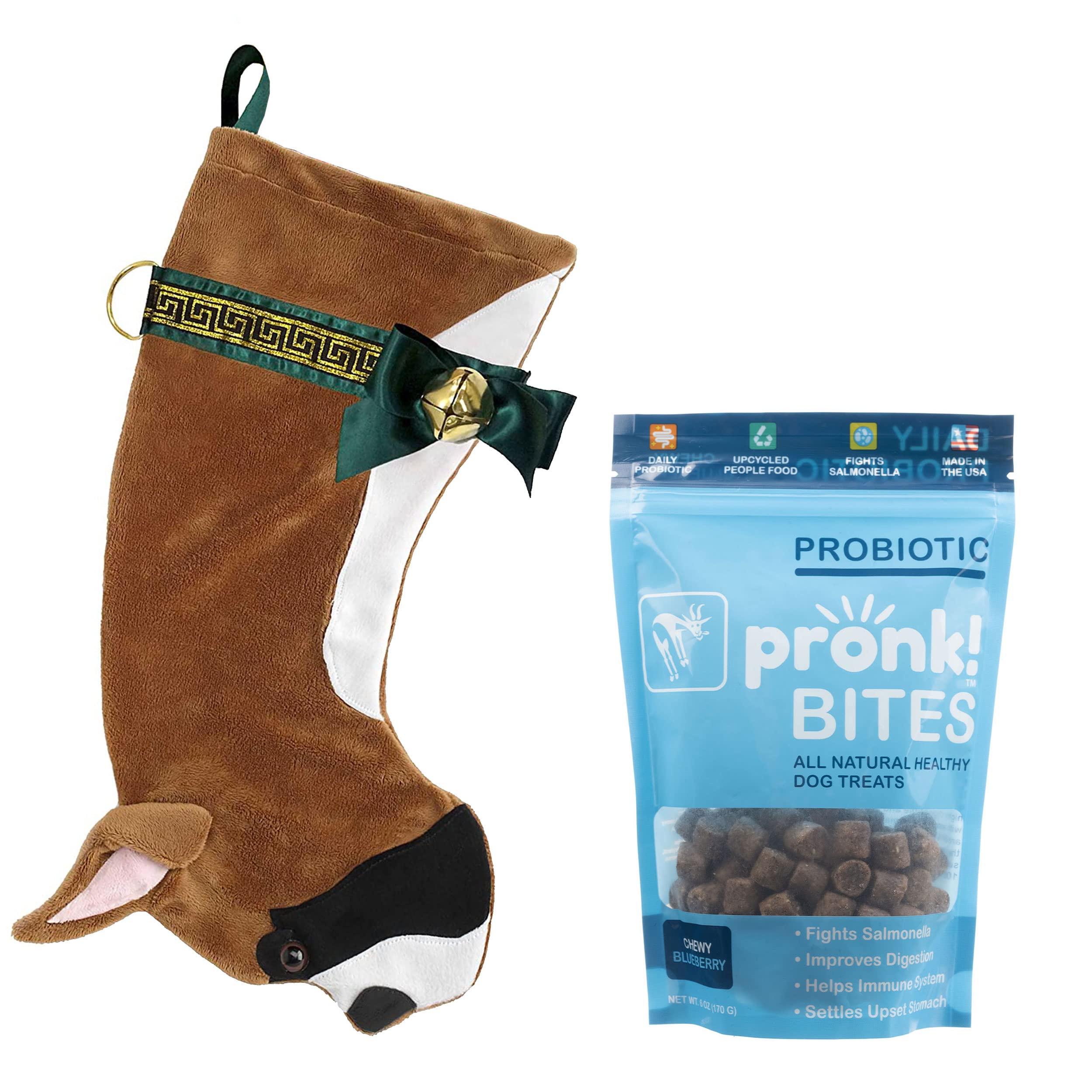 Pronk! Hearth Hounds Christmas Stocking for Dogs with Soft Baked Apple Upcycled Probiotic Dog Treats - Holiday Pet Gift Bundle for Christmas Decor & Dog Training Rewards