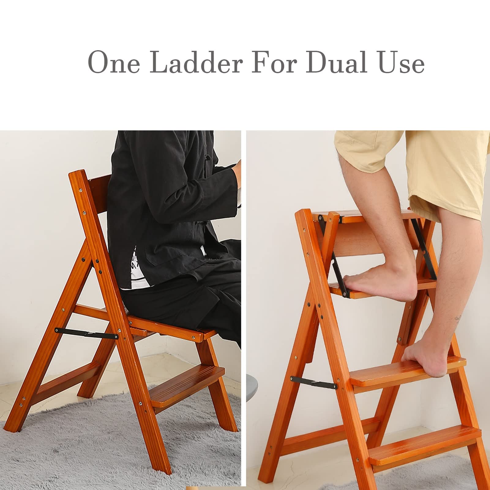 Portable Wooden Step Stool Ladder with Foldable Seat - Multifunctional Library Shelf & Display Ladder for Home, Kitchen, and Office Use
