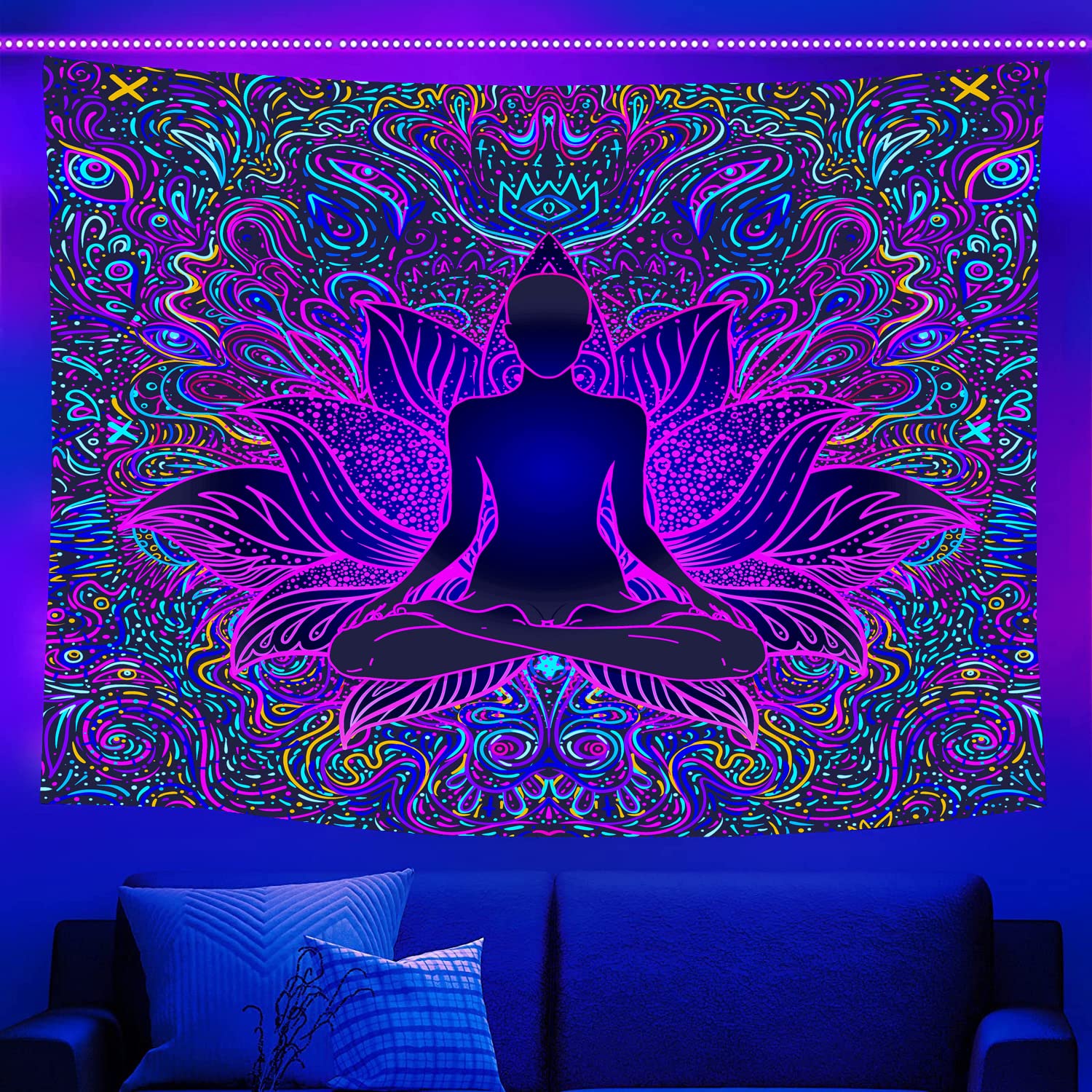 UV Reactive Trippy Flower Tapestry - Hippie Wall Art for Bedroom & Living Room Decor