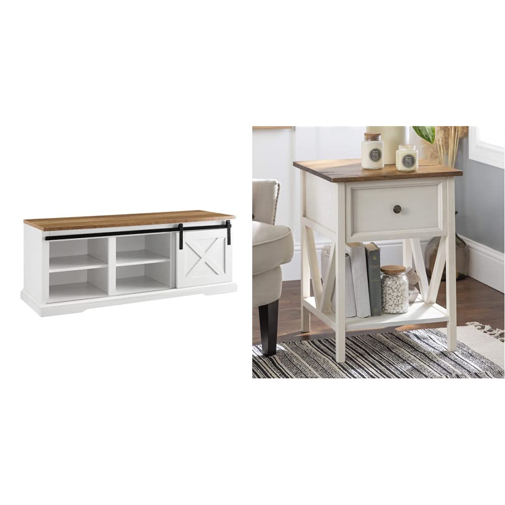 Walker Edison Oliver 43 Inch Modern Farmhouse Sliding X Barn Door Cat Litter Box Bench with Entry Cutout - Stylish Hidden Litter Box Furniture for Living Room, Bedroom, or Entryway