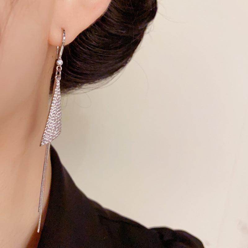 Stylish Miniature Zircon Triangle Drop Earrings with Long Tassel - Perfect for Parties, Weddings & Evening Events (Ear Hook Design)
