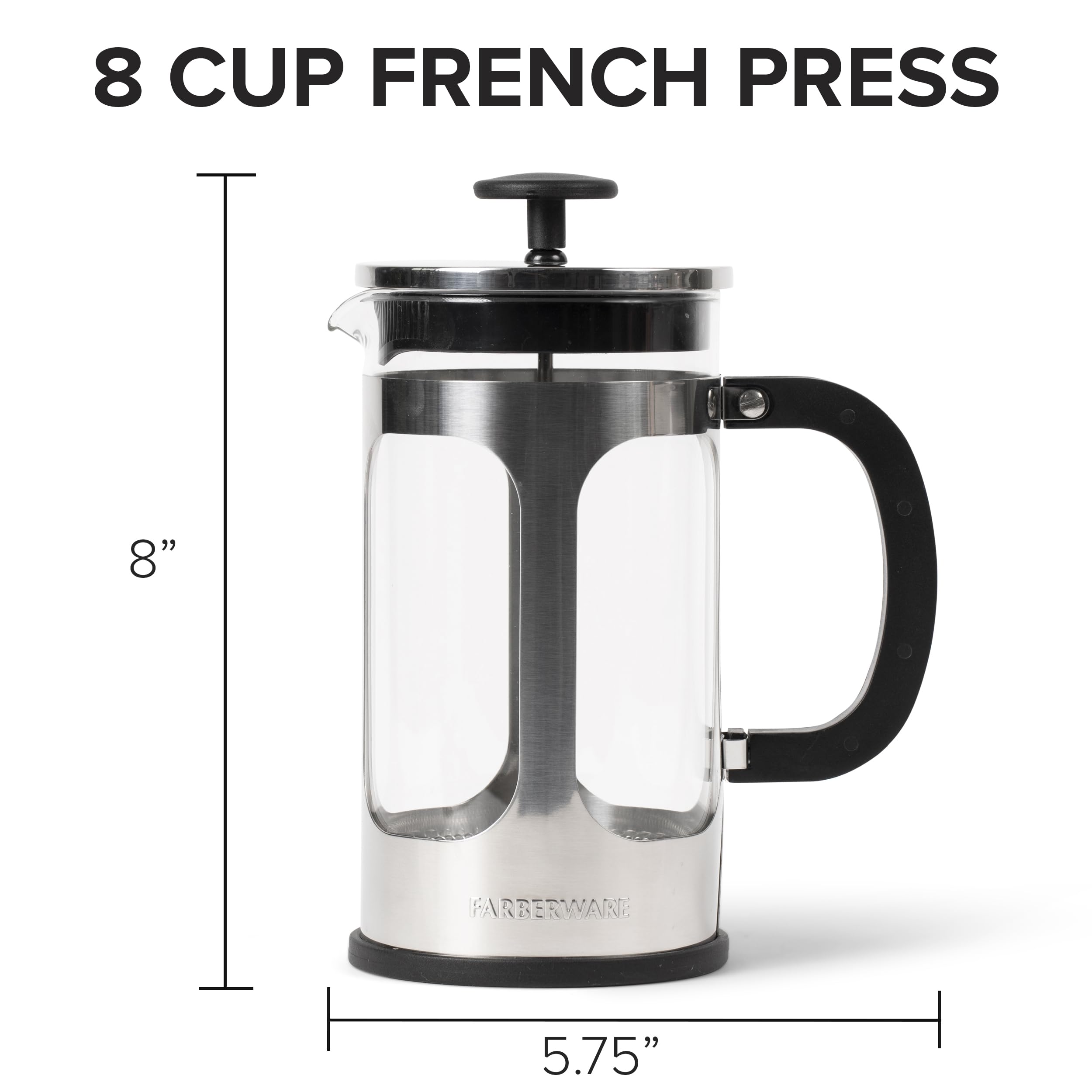 Farberware Stainless Steel French Press Coffee Maker - 8 Cup Capacity, BPA-Free, Heat-Resistant Borosilicate Glass for Hot & Cold Brew Coffee, Tea, Espresso | Includes Measuring Spoon | Perfect for Home, Office & Camping Use