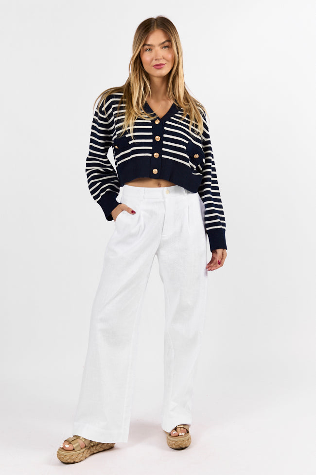 Stylish Navy and Ivory Striped Cardigan for Women | Cozy Knit Sweater | Perfect for Fall & Winter Layering | Office, Casual, or Date Night Outfits