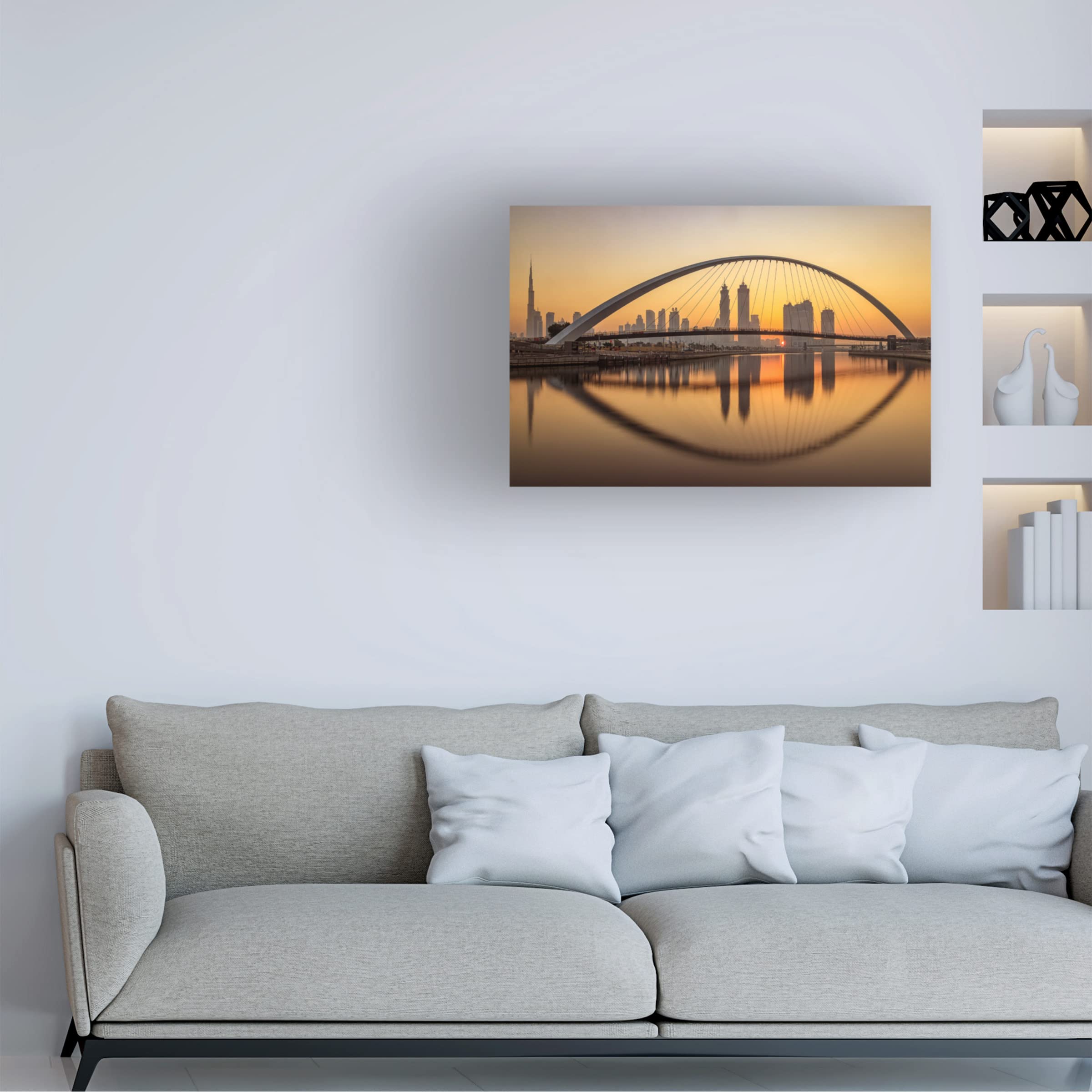 Trademark Fine Art 'Sunrise At The Dubai Water Canal' Canvas Wall Art Print by Mohammed Shamaa - Stunning Landscape Painting for Living Room, Bedroom & Office Decor