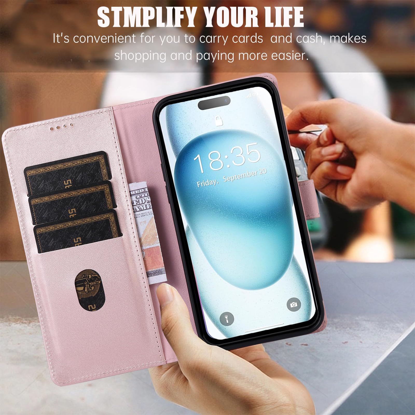 Premium Genuine Leather iPhone 15 Wallet Case with RFID Blocking, Kickstand & Magnetic Closure - Anti-Theft Credit Card Holder for Cash & Cards (Rose Gold) - Perfect for Travel, Work & Daily Protection
