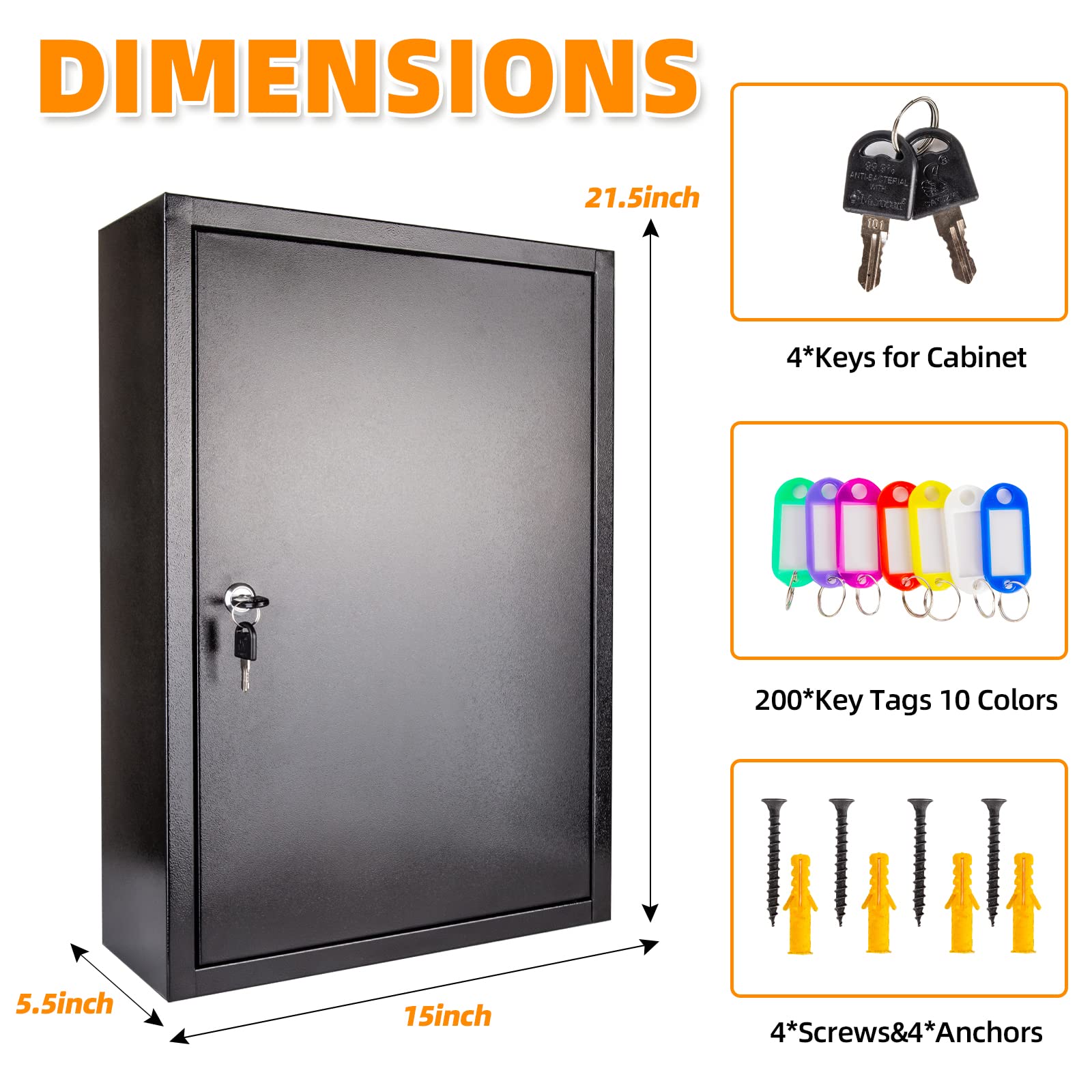 Wall Mount Key Organizer with 200 Hooks & Secure Key Lock Box - Durable Key Storage Cabinet for Home, Office, Hotel & Car Keys - Perfect for Property Managers, Landlords & Key Control Security (Black)