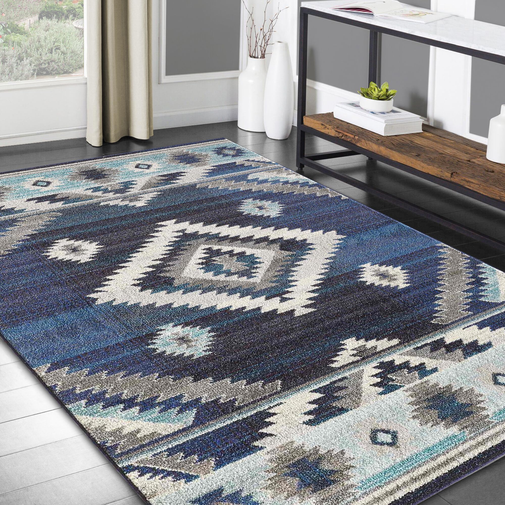 Handmade Southwestern Native American Style Area Rugs - Faded Vintage Modern Design in Storm Blue, Navy, Gray & Light Blue Aqua Colors - Perfect for Boho Living Room, Bedroom Decor & Southwest Home Styling