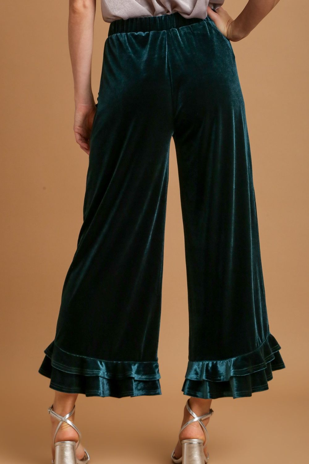 Women's Full Size Wide Fit Ruffle Velvet Lounge Pants with Embroidered Pockets - Soft Elastic Waist Comfortable Resort Wear for Vacation, Spa Days & Home Relaxation